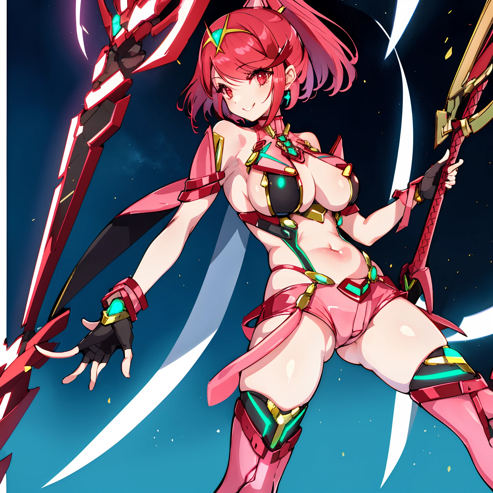 pyra \(xenoblade\), teen_1girl, loli, bangs, black gloves, breasts, red eyes, shout, earrings, eyelashes, fingerless gloves, floating hair, , gem, gloves, hair ornament, headpiece, jewelry, gigantic_breasts, leaning back, swimsuit, neon trim, official art, pose, red hair, saitou masatsugu, short hair, sidelocks, skin tight, solo, swept bangs, thighhighs, tiara, fantasy_town_background, underbust, xenoblade chronicles \(series\), (xenoblade chronicles 2), (spread_legs:1.1), fire_effect,dynamic_pose,fighting,light_smile, (plump:1.1), big_ass,huge_sword, hold_large_sword_hilt, covered_nipples, covered_pussy, fists,ponytail,beautiful_fingers,(solo:1.1), bare_shoulder,(shoulder_naked:1.2), nipple_jewel,back, back_view, focus_ass,ass, (very_short＿shorts:1.3),(lise_leg:1.4)