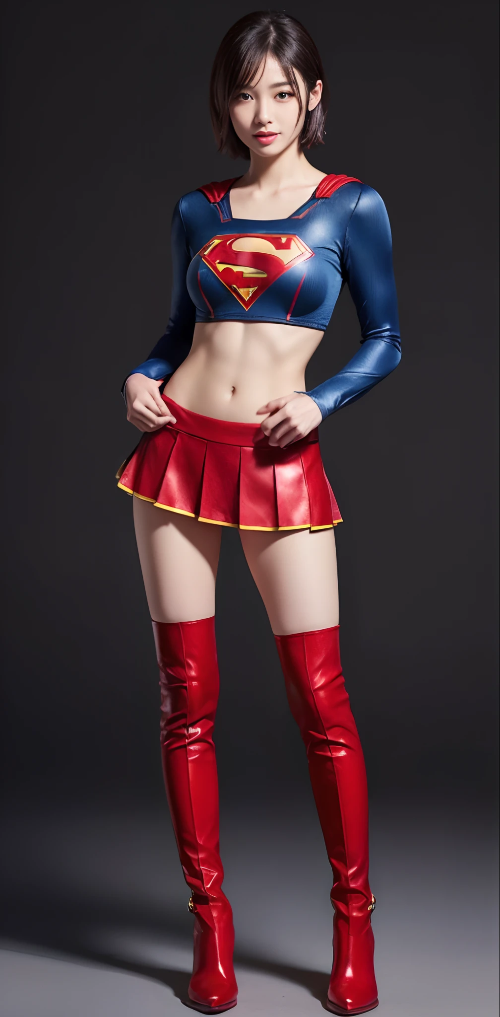 (((Wear black tights on your beautiful legs.)))、(((Grow legs、tall、beauty legs)))、(((facial expression of smile)))、((((Make the most of the original image)))、(((Supergirl Costume)))、(((shiny short hair)))、(((Suffering)))、(((Feet must necessarily be worn with black tights)))、(((You need to wear red boots)))、((Top image quality、8K))、((top-quality、8K、masterpiece:1.3))、(((Keep your background simple)))、Crisp focus:1.2、Beautiful woman with perfect body shape:1.4、Slender Abs:1.2、a wet body:1.5、Highly detailed facial and skin texture、