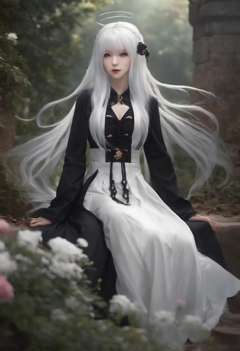 white hair,Black clothe,Gothic style clothing,Twin-tailed,Dressed like a priest,distant full body view,an anime girl