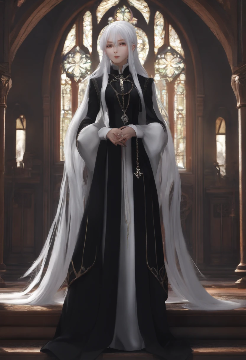 white hair,Black clothe,Gothic style clothing,Twin-tailed,Dressed like a priest,distant full body view,an anime girl