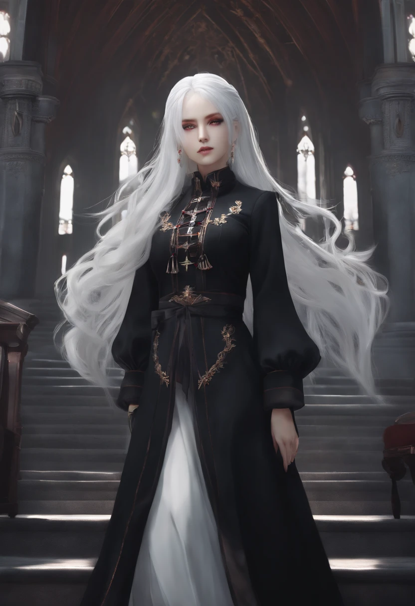 white hair,Black clothe,Gothic style clothing,Twin-tailed,Dressed like a priest,distant full body view,an anime girl