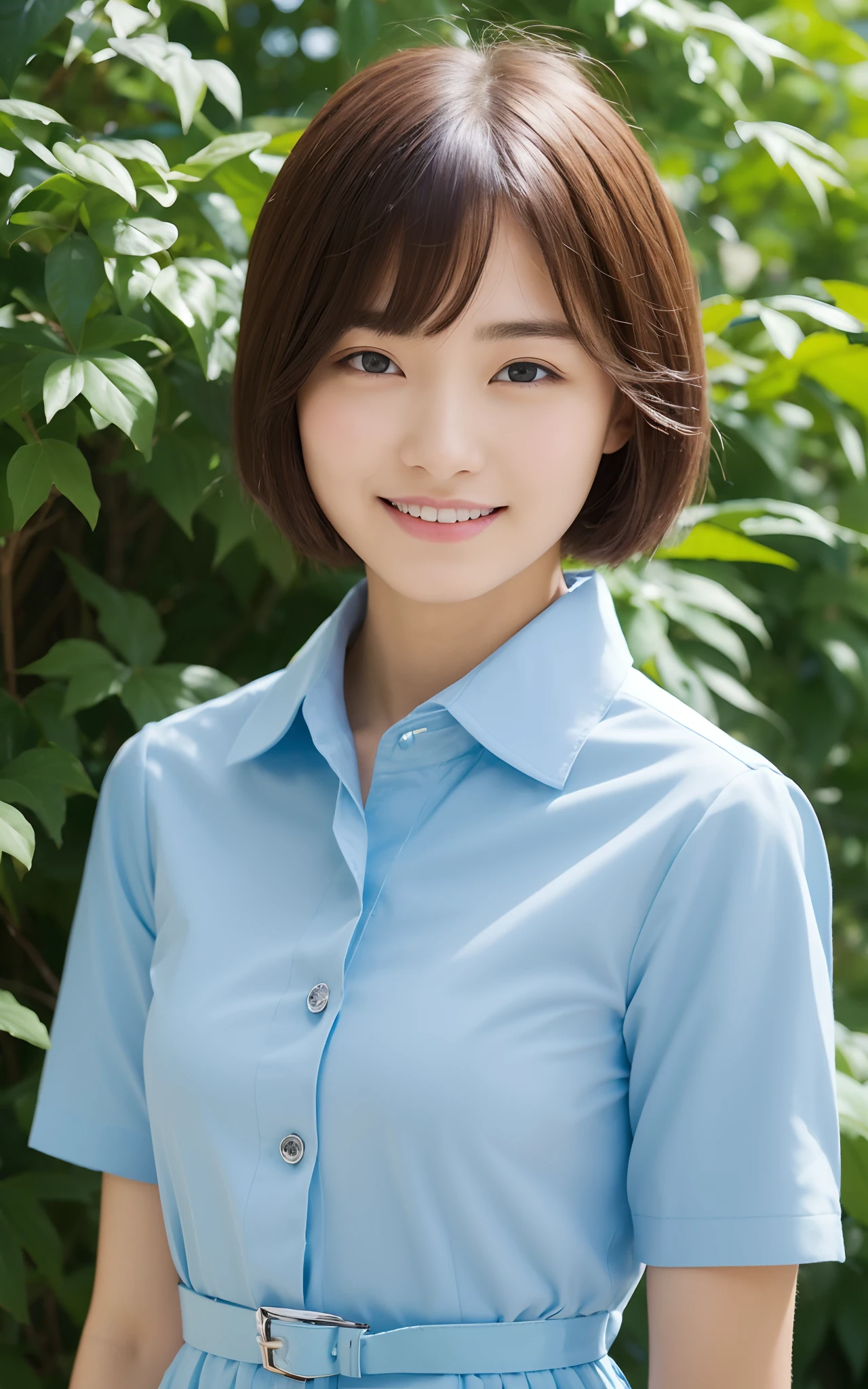 ((of the highest quality, 8K, masutepiece: 1.3)), Beauty, 1 Japan Girl, dark brown hair, 13years , Smile, Stand near the classroom window, (((Medium short hair, Straight hair,))) Face Focus, Detailed face, very detailed lips, Detailed eyes, Double eyelids, Sweaty skin: 1.2, (((School uniform, Light blue dress, Collared dress, Short sleeves,)))