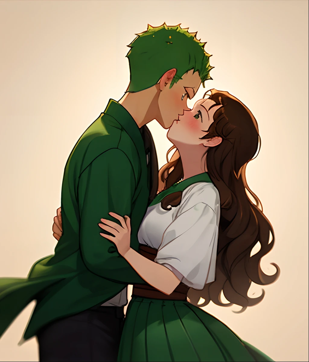 Portrait of a young, brunette couple in a warm setting, the man with rich, green hair and striking green eyes, his vibrant green attire enhancing his dark olive skin. He wraps his arm around the woman, her dark brown skin radiating against the deep green of her dress, her glossy brown hair cascading down her plump, smiling face. Her curvaceous figure contrasts with the lean, smiling man.