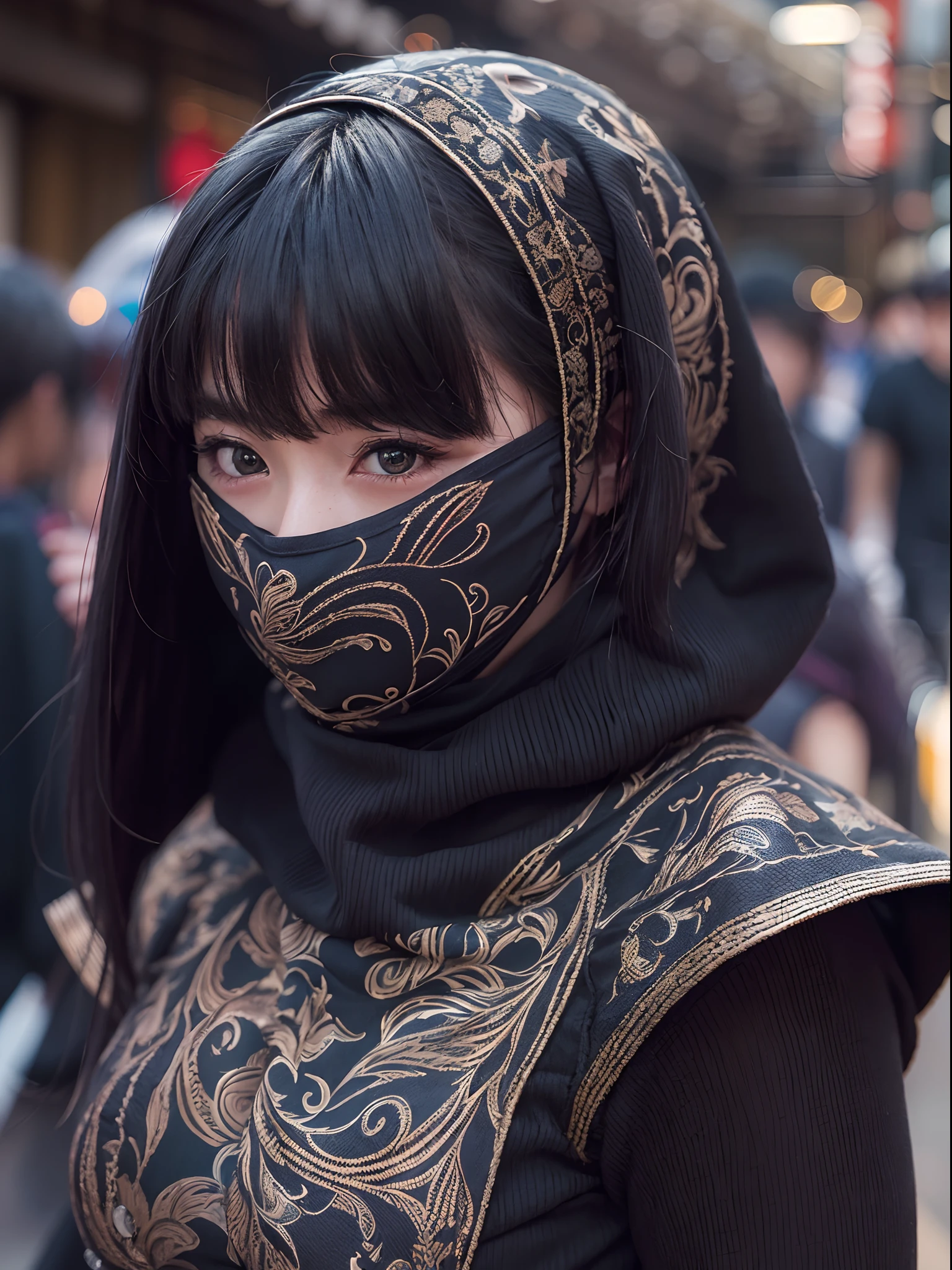 (photo realistic:1.4), (hyper realistic:1.4), (realistic:1.3),(increase cinematic lighting quality:0.9),Elaborate female ninja,fringe hair,huge butt,Elaborate patterns ninja mask,Elaborate patterns Ninja cape,Elaborate patterns Ninja hood,fake fingernail,Slingshot swimsuit,(twilight:1.2),japanes City of the period drama,Crowds