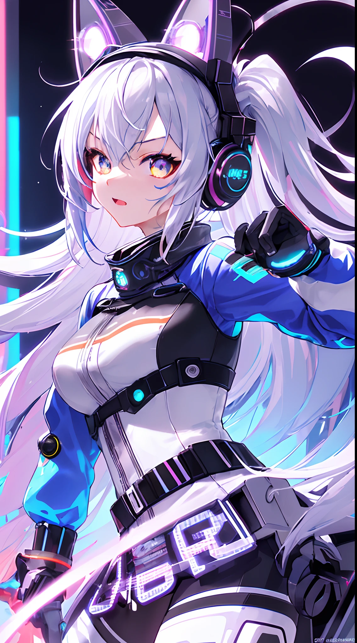 Top CG，one-girl，Esports girls，Rainbow long hair silver cat ears，Metallic-textured headphones，metals，Game Clan Costumes，chibiStyle，rainbow background，Motion capture，cyber punk perssonage，blue colors，Color explosion，Neon lights，Face enhancement，hyper HD，Face magnification，Bust photo，Tech style，Super cool，detail-rich