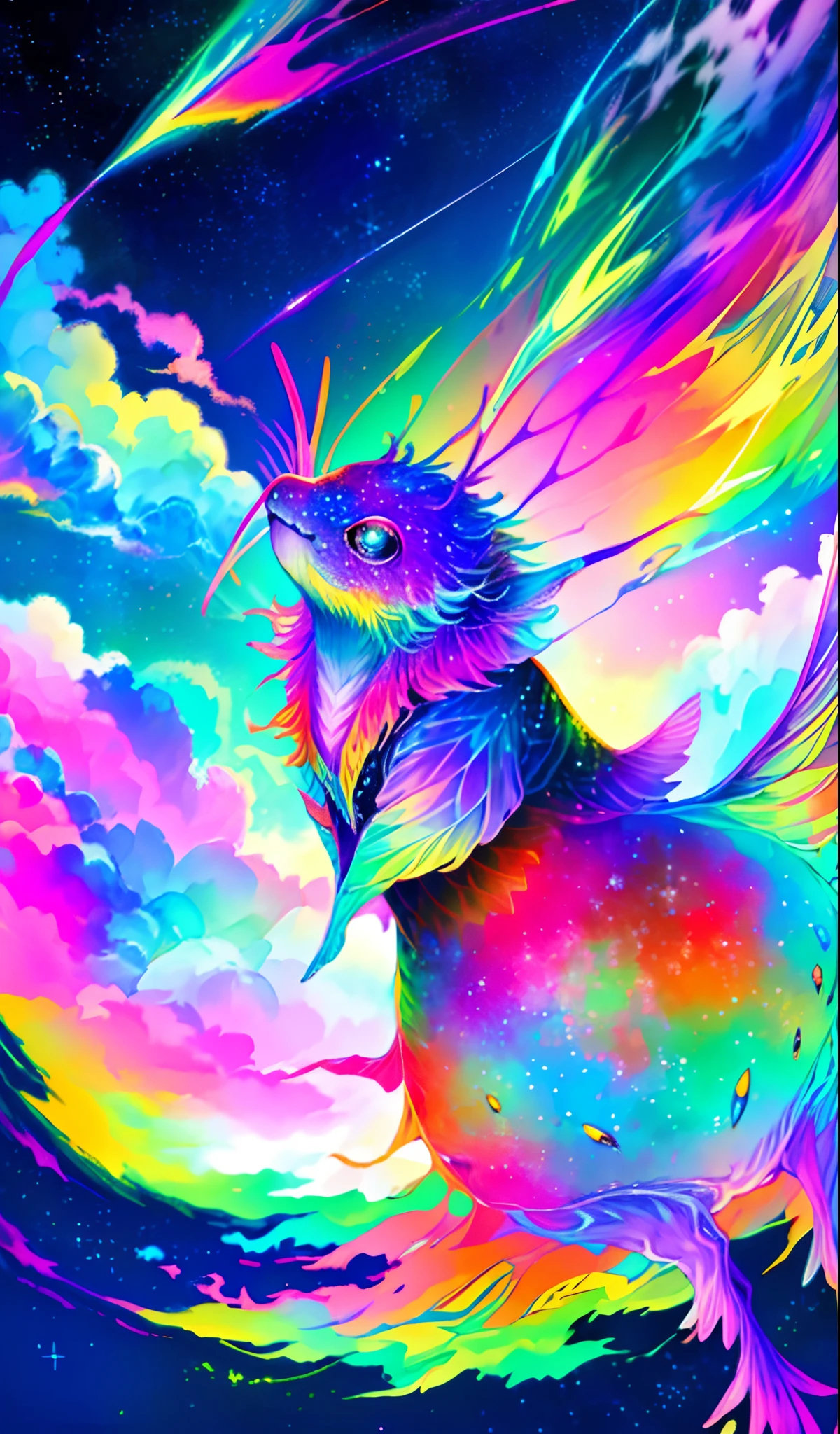 Cute iridescent round monster in space、Iridescent grass々Drawing a butterfly flying over the water, Looking up at the starry sky. Surround her with colorful nebulae and colorful forests.