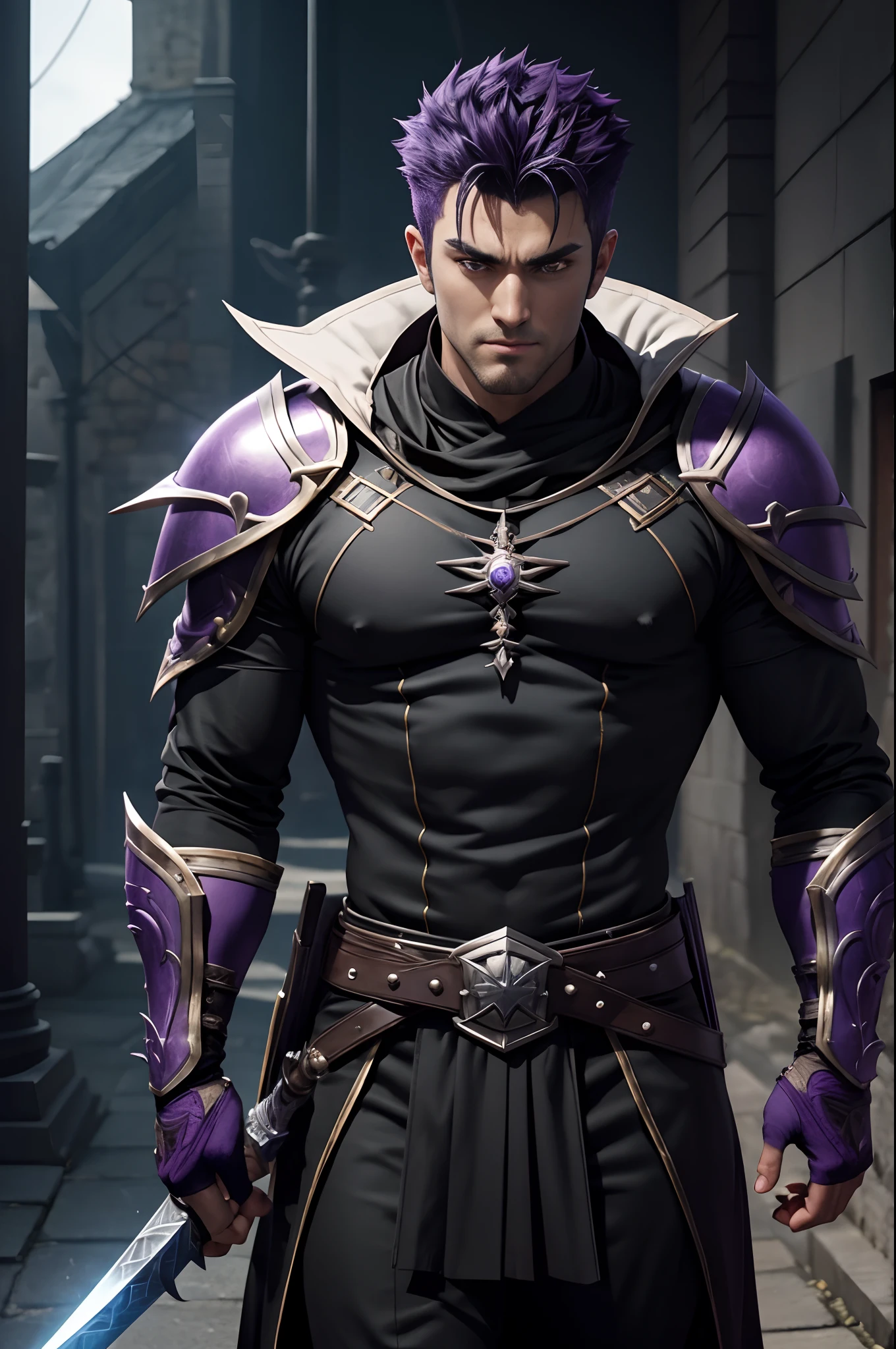 8K,Alafed Men, Black and purple exterior,Big sword armament,Super handsome,Purple and white mohawks,Bird-like eyes,Unreal Engine , joseph joestar, Trending in art stations, dio brando, highly detailed exquisite fanart, 3 d render character art 8 k, very detailed Artgerm, Muscular male hero with a thin body, handsome guy in demon slayer art, range murata and artgerm