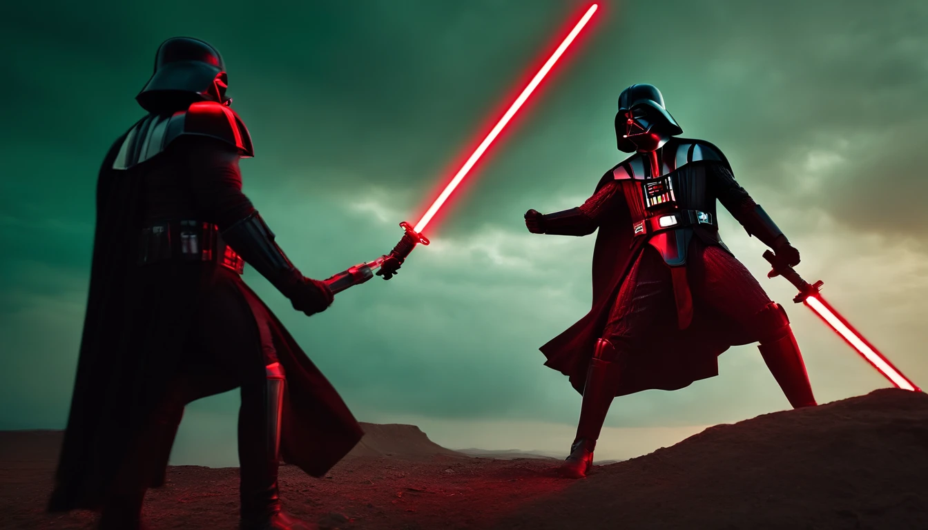 Darth Vader como um guerreiro espartano, Pulando no ar, A neon red lightsaber in his hand, The sky is a pale green hunter, Dying Spartans on the ground , armadura sangrenta, epics, 8k