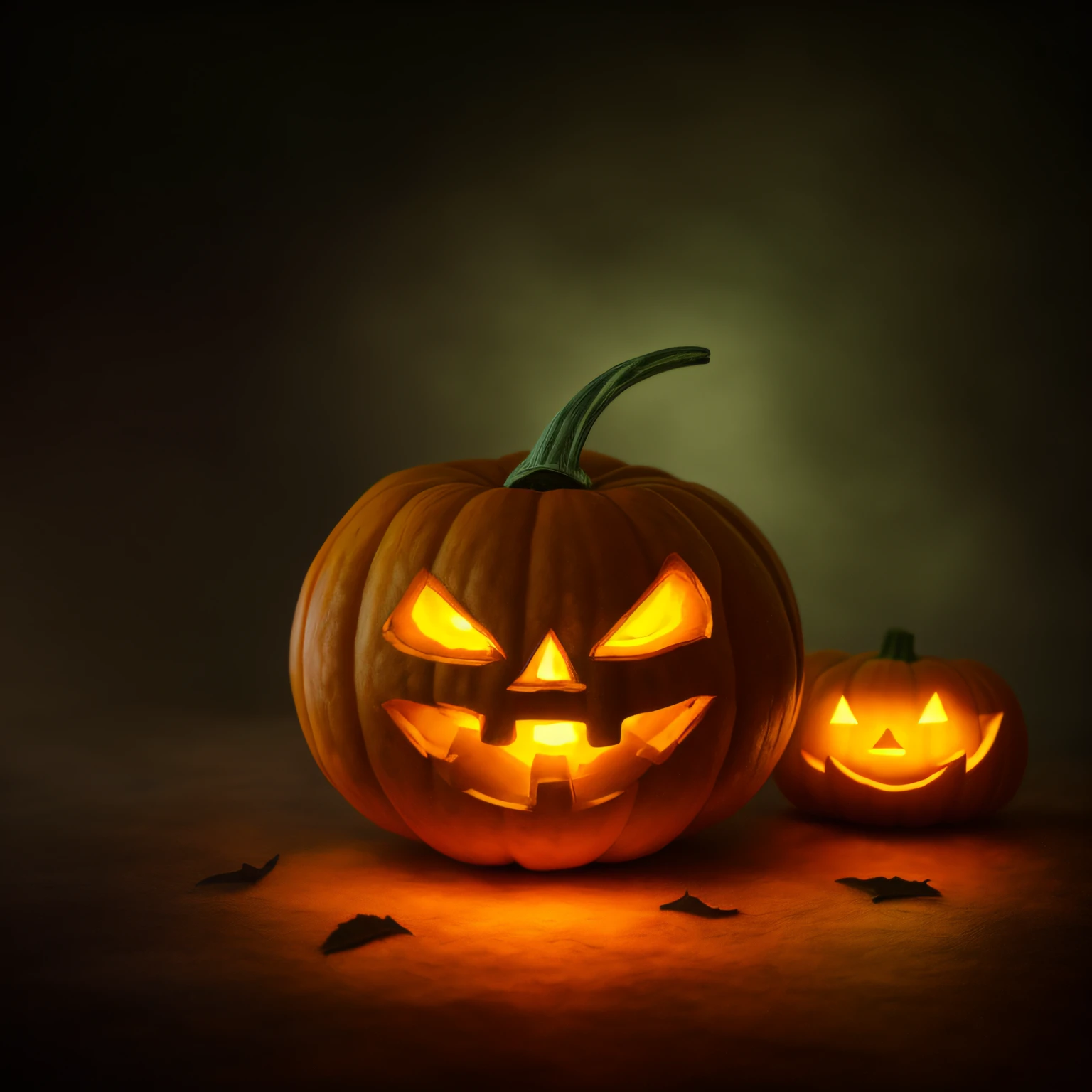 A closeup of a pumpkin with glowing eyes and a green stem, Jack - O'- lanterna, pumpkin head, halloween celebration, dia das bruxas, Pumpkin, Jack-o-lanternas, estilo de arte de dia das bruxas, tema dia das bruxas, Tema assustador de Halloween, sorriso maligno e olhos brilhantes, sorriso assustador, cara assustadora, Atmosfera de Halloween, pumpkins, sorriso maligno assustador, scary magical background