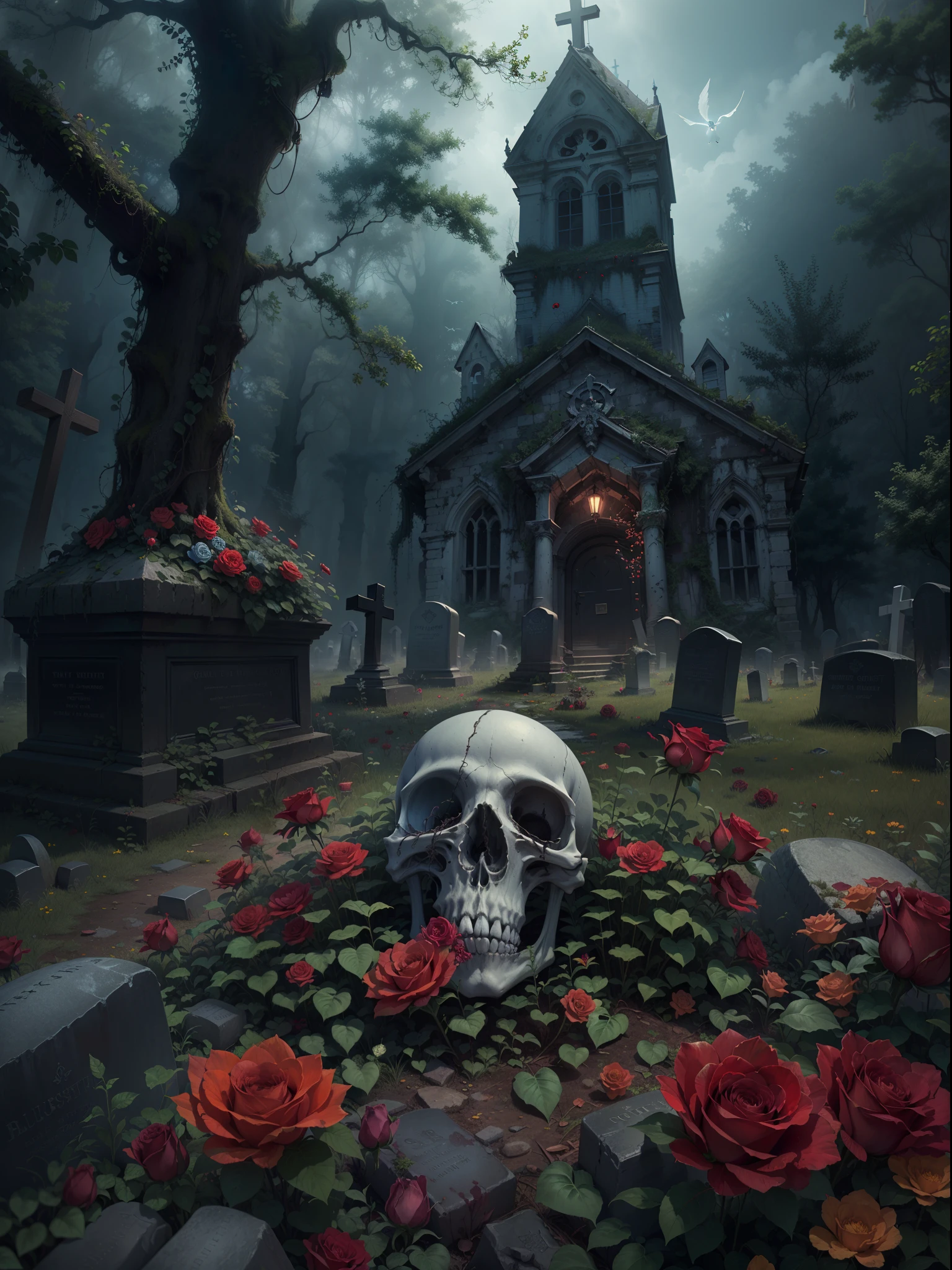 (Best quality,4K,A high resolution,Masterpiece:1.2),fantasy horror art,Black Forest,Abandoned church,Mysterious ancient cemetery,crosses,skelleton💀(Many tombstones),Overgrown tombstones,Many red roses.,dense fog,Float in the air against ghosts