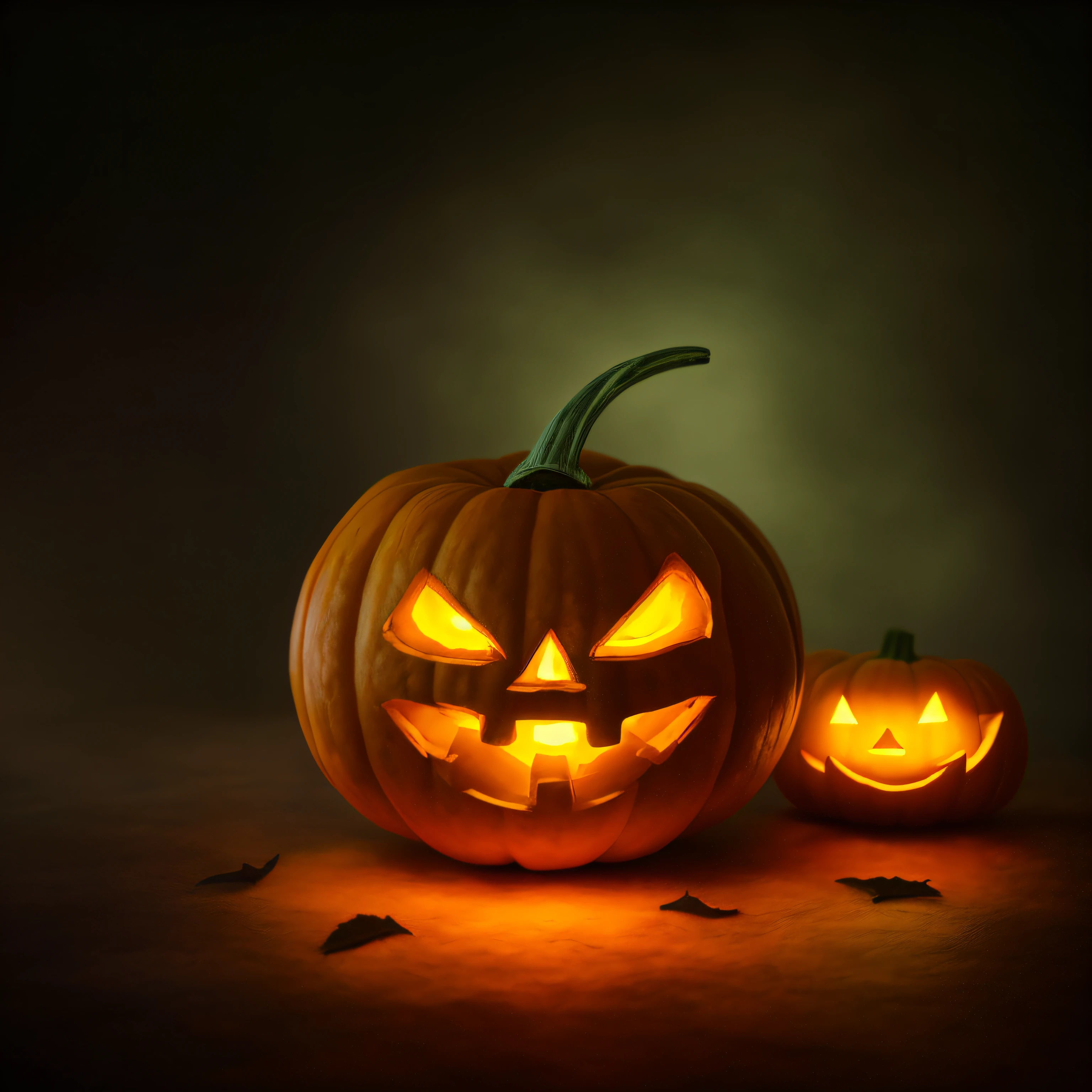 A closeup of a pumpkin with glowing eyes and a green stem, Jack - O'- lanterna, pumpkin head, halloween celebration, dia das bruxas, Pumpkin, Jack-o-lanternas, estilo de arte de dia das bruxas, tema dia das bruxas, Tema assustador de Halloween, sorriso maligno e olhos brilhantes, sorriso assustador, cara assustadora, Atmosfera de Halloween, pumpkins, sorriso maligno assustador, scary magical background