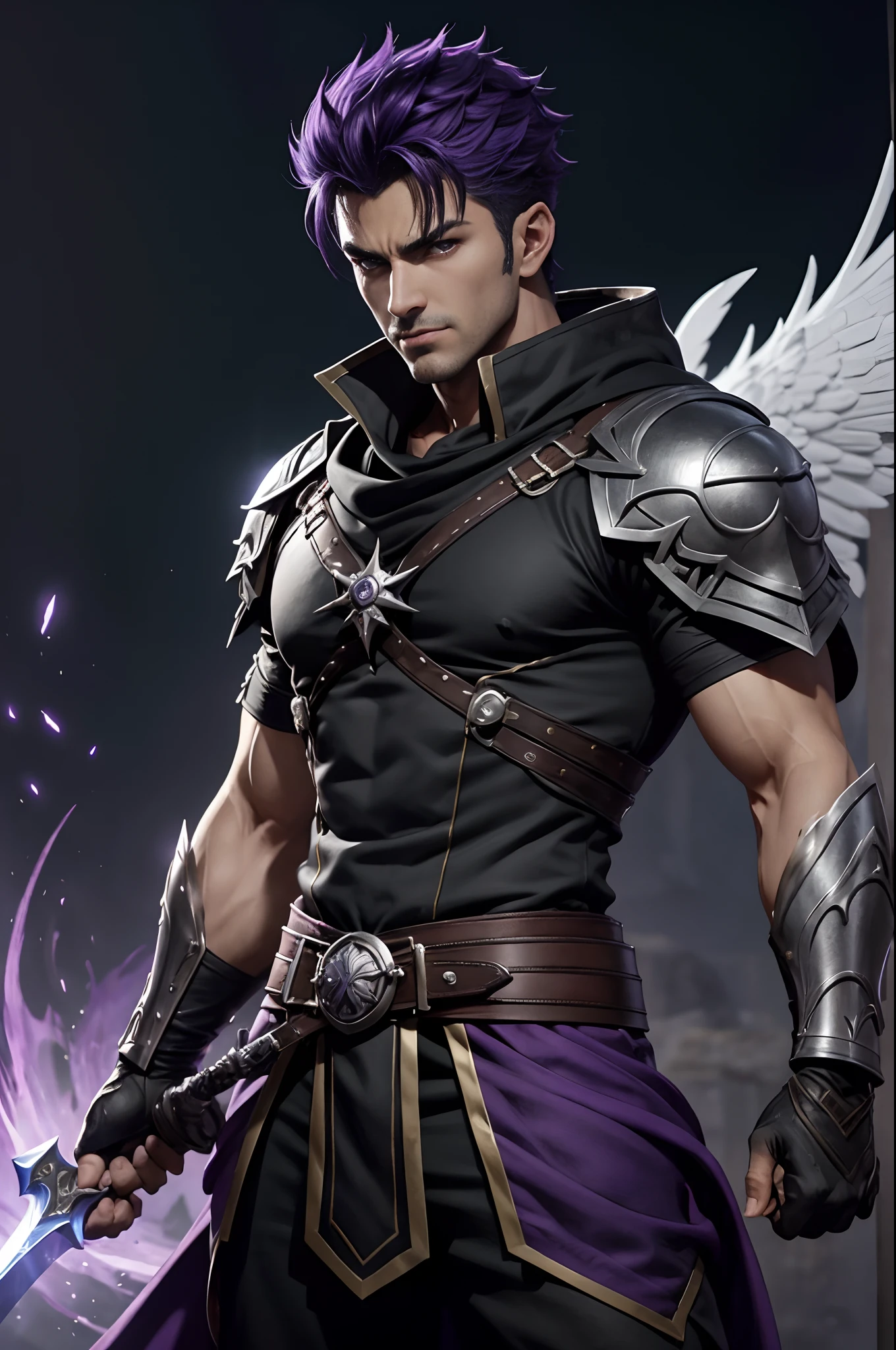 8K,Alafed Men, Black and purple exterior,Big sword armament,Super handsome,Purple and white mohawks,Bird-like eyes,Unreal Engine , joseph joestar, Trending in art stations, dio brando, highly detailed exquisite fanart, 3 d render character art 8 k, very detailed Artgerm, Muscular male hero with a thin body, handsome guy in demon slayer art, range murata and artgerm