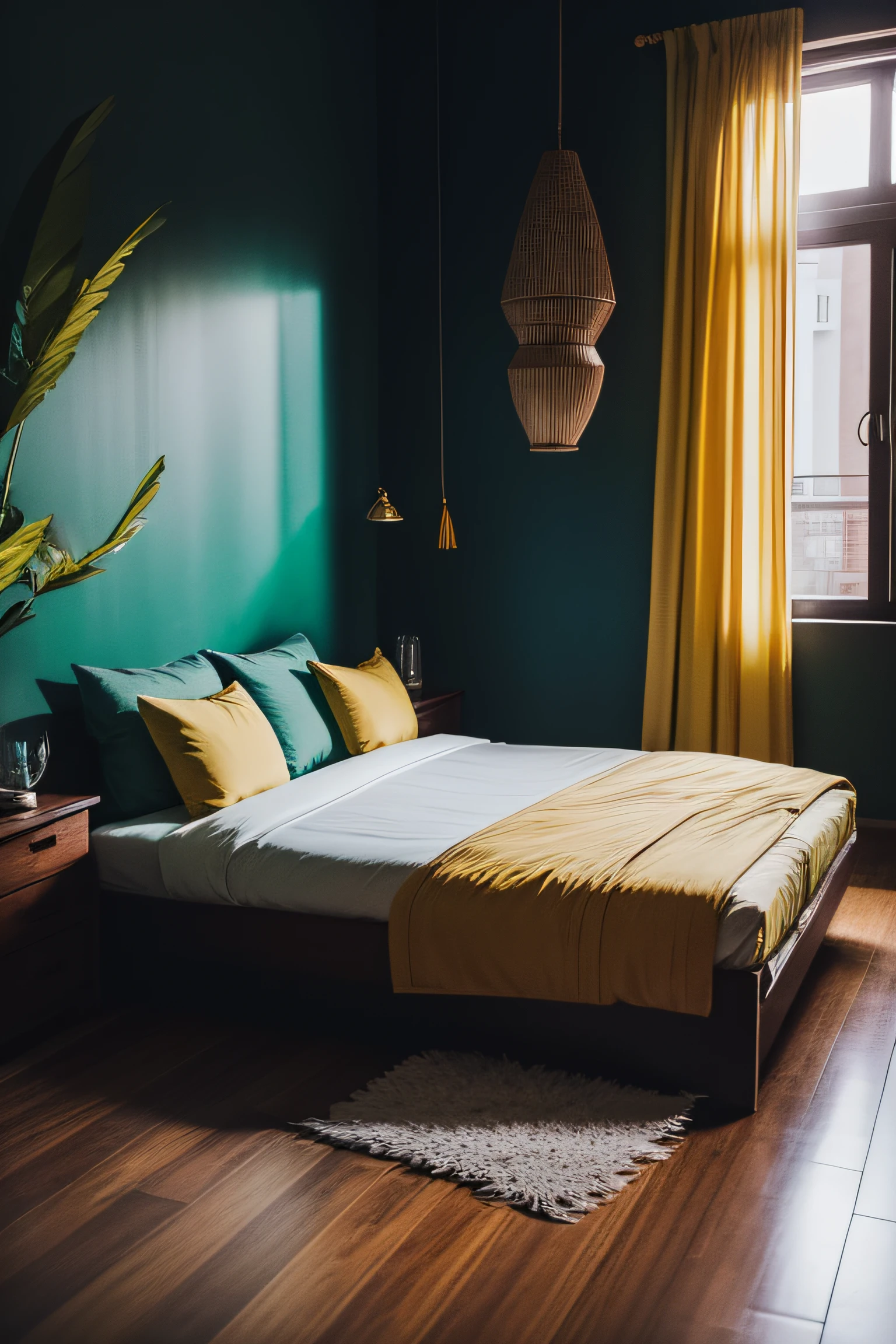 photografic, bedroomtropical double bed with green wallpaper, plant, low key light, mirror, Yellow Curtains, painting, ornament, wooden floor, yellow light, dawning, palm tree, water fall, stone,