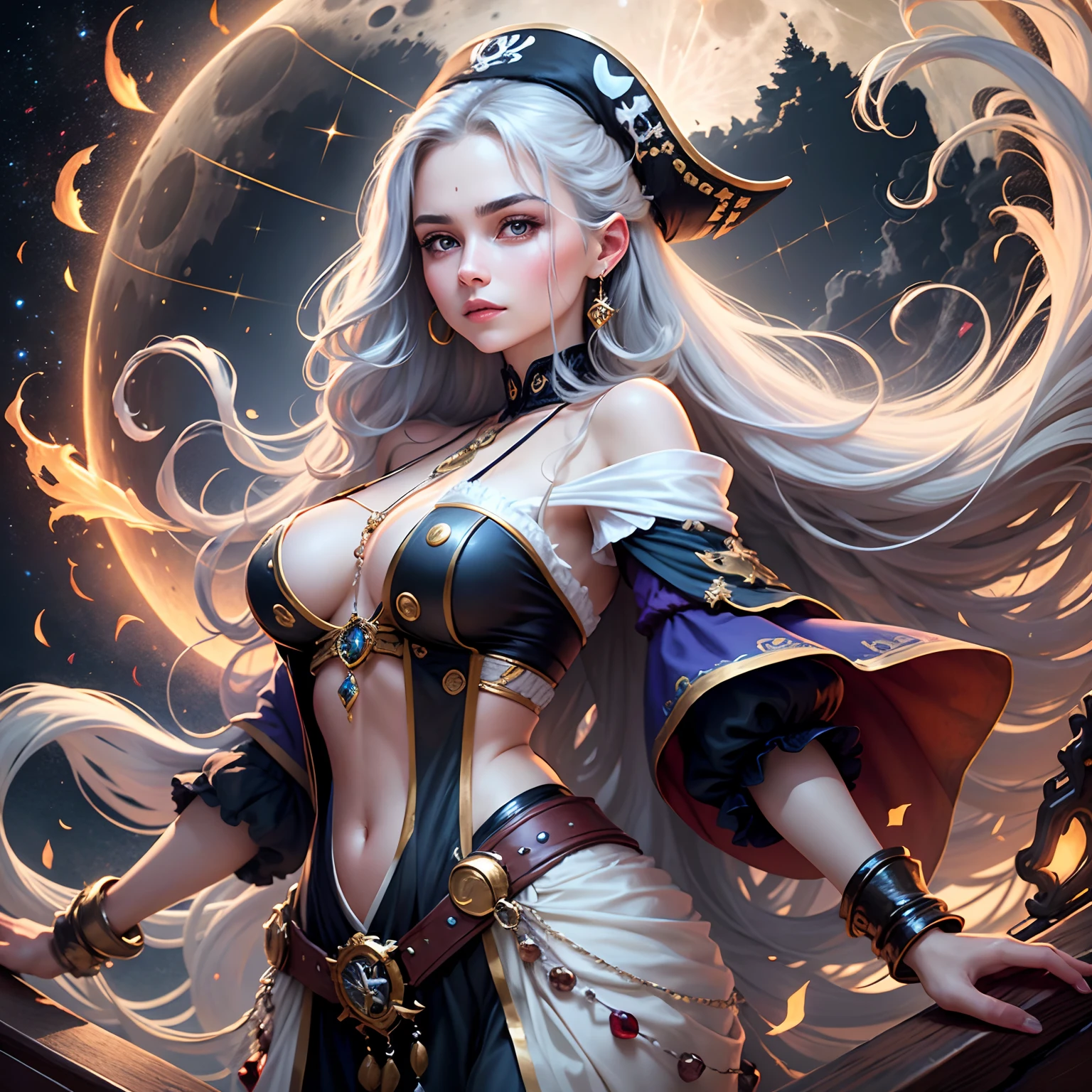 high quality, 8K Ultra HD, highly detailed, Meet the Moonlit Pirate Maiden, a mesmerizing 20-year-old girl with an ethereal beauty that rivals the stars. She stands at the prow of the majestic pirate ship, her silhouette outlined against the twinkling night sky on the moon-like planet, The ship itself is a breathtaking masterpiece, adorned with intricate carvings, gleaming brass fittings, and an array of mystical symbols, The Moonlit Pirate Maiden's attire is a dazzling blend of midnight blues and silvery hues, adorned with delicate lace and shimmering gemstones, A star-like pendant hangs gracefully around her neck, accentuating her enchanting presence. Her windblown hair cascades like liquid silver, reflecting the moon's soft glow, With an air of elegance and a touch of mystery, the Moonlit Pirate Maiden exudes a captivating aura, by yukisakura, Standing at the helm of the ship, she is a vision of grace and bravery, --auto --s2