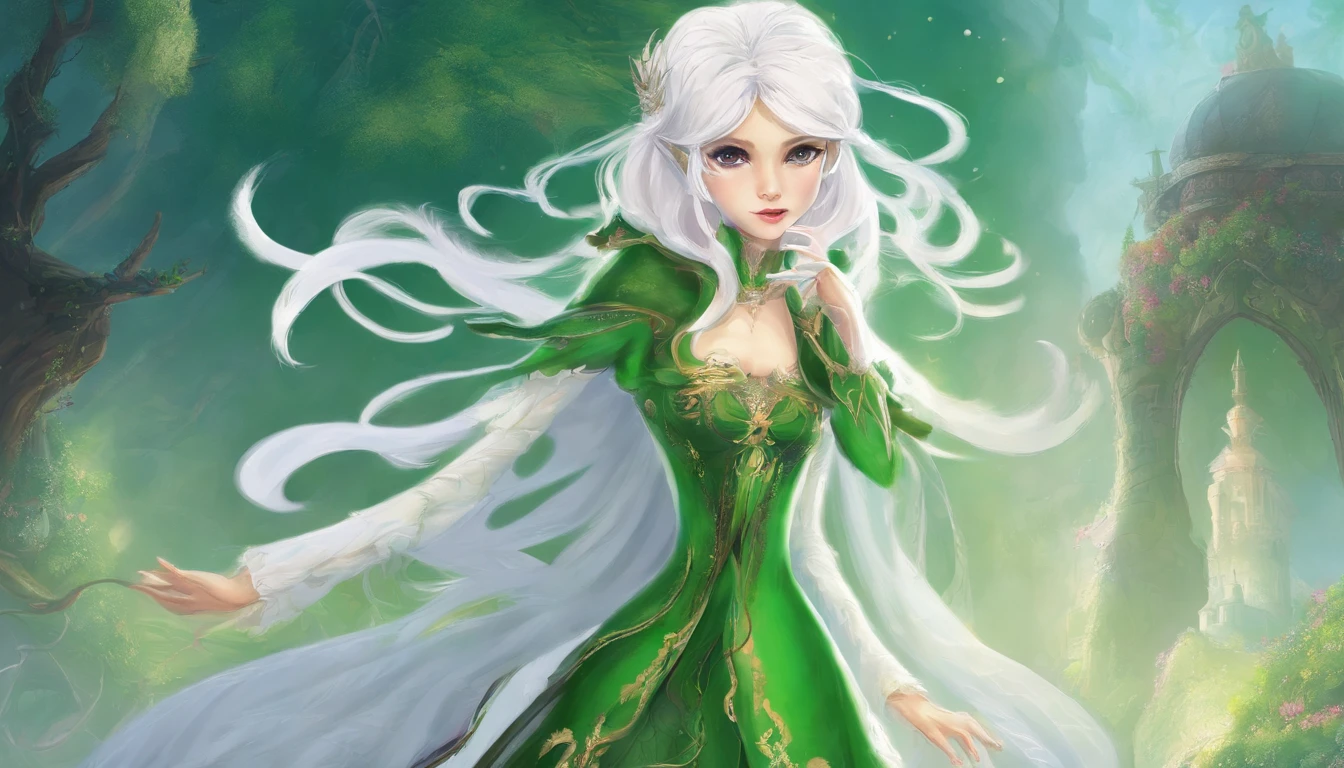 White hair,Green clothes,adolable,Energetic,Frontal sideways,bit girl,Game style,the elf,chiquita