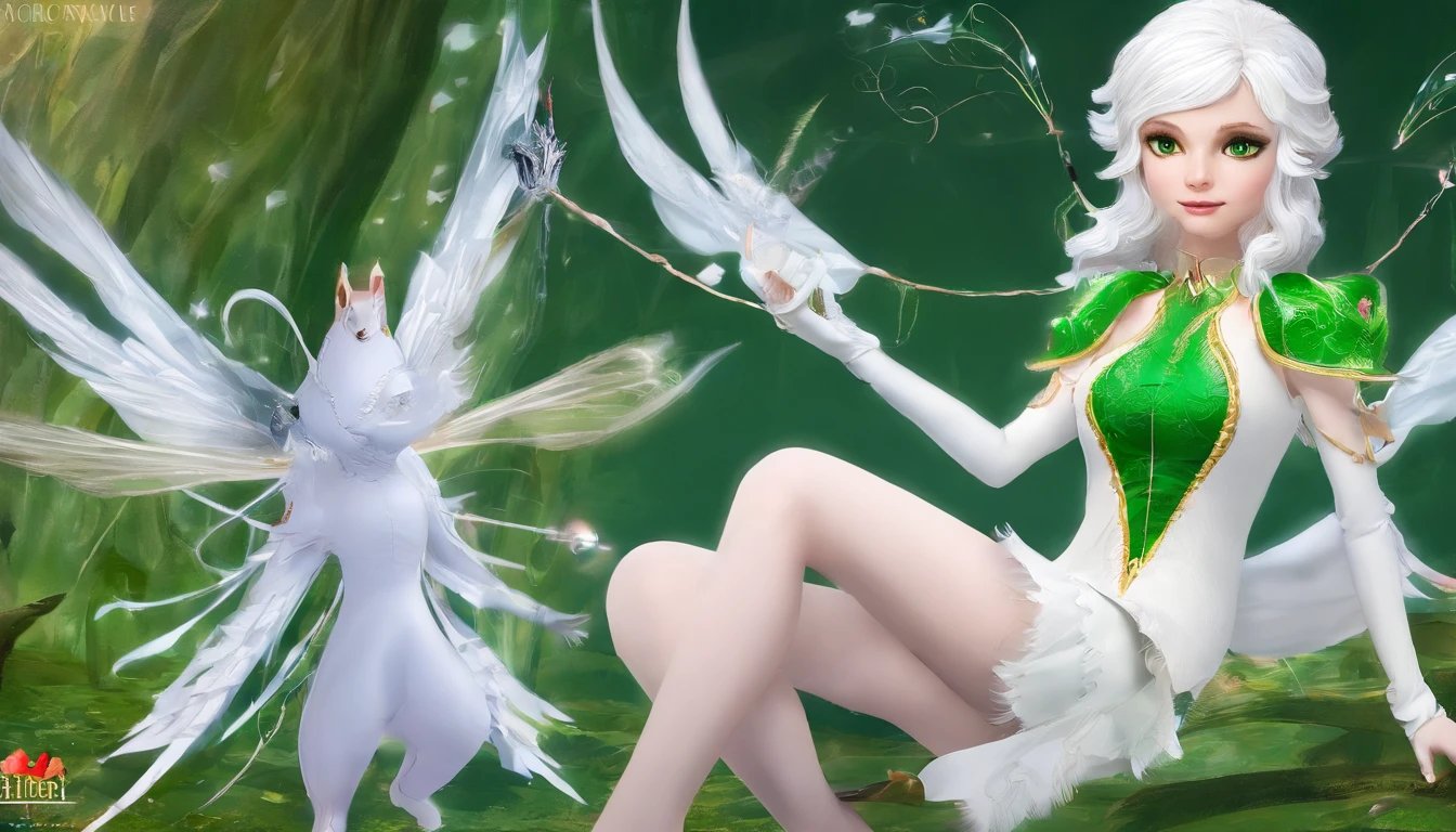 White hair,Green clothes,adolable,Energetic,Frontal sideways,bit girl,Game style,the elf,chiquita