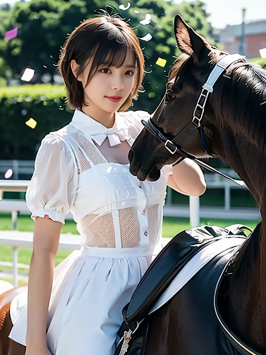 Beautiful woman, young woman, outdoors, racetrack area, (confetti flying), ((riding horse)), white time, short cut hair, eye reflection, cone rub, ray tracing, reflected light, blur, shining light, depth of field, chiaroscuro, stereogram, zoom layer, cowboy shot, f / 2. 8, blur, Masterpiece, highest quality, high quality, hard disk