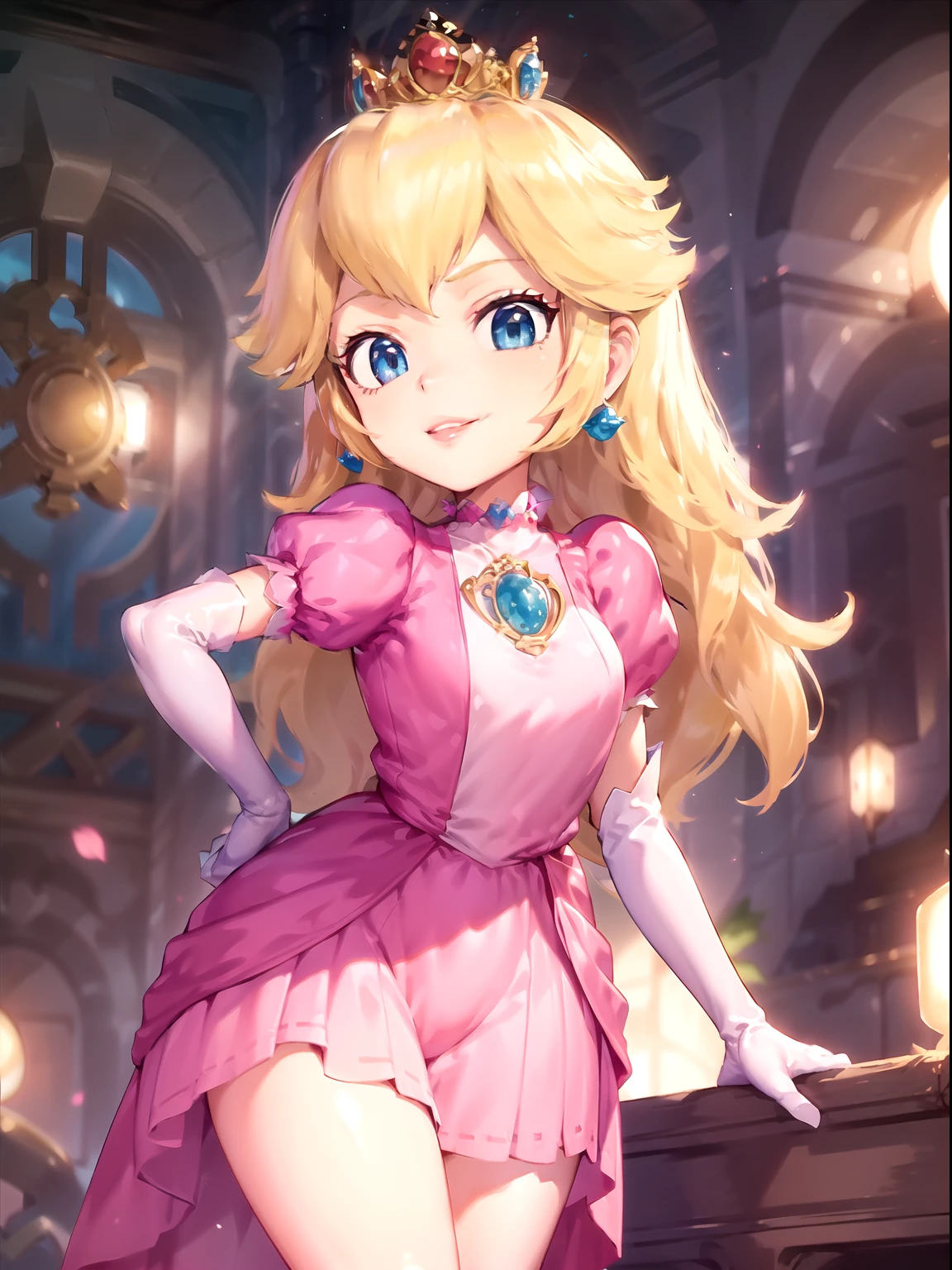 1girl,solo,cowboy shot,smile,adult,choker,PrincessPeach, (pink dress), blue eyes, choker, glossy lips, pink lips,