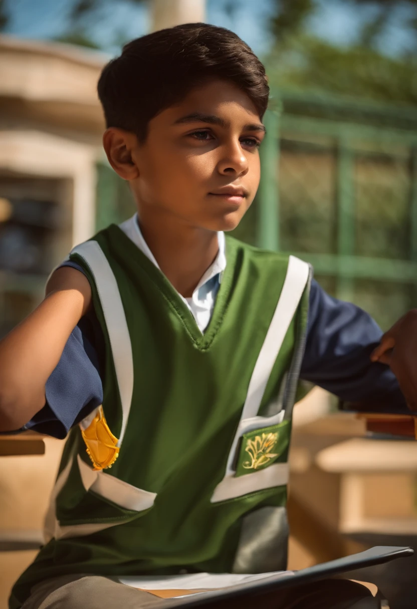 Hhay a 13-year-old boy in sun classroom, el tiene una tablet en sus manos, esta parado al frente del salon, uniforme escolar