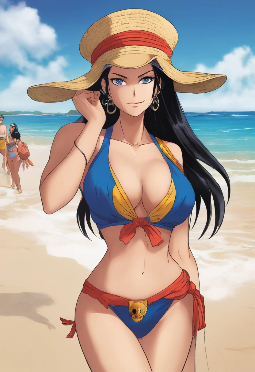 Nico Robin do anime "One Piece" na praia de biquini