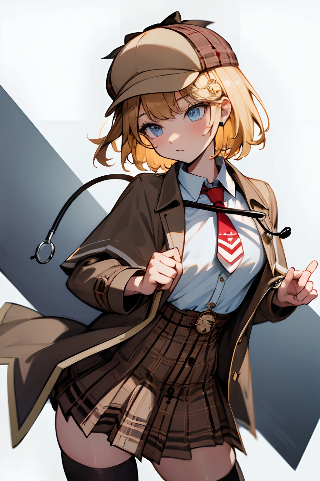 amelia_detective, collared shirt, red necktie, plaid skirt, thighhighs ,(detective accessories:0) deerstalker, brown capelet, pocket watch, stethoscope, syringe