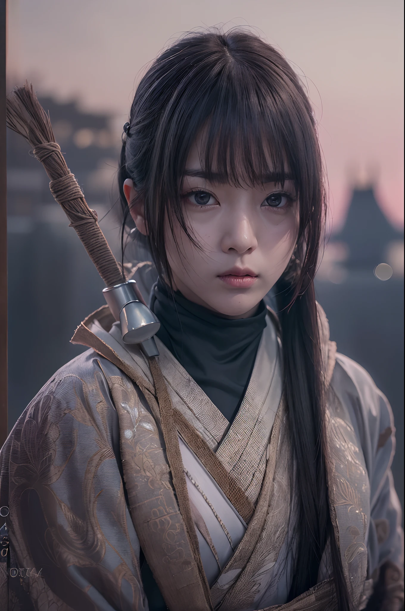 (photograph realistic:1.4), (Ultra photo realsisim:1.4), (Realistic:1.3),(increase cinematic lighting quality:0.9),Delicate female ninja,fringe hair,big assa,Delicate pattern ninja mask,Delicate pattern ninja cape,Delicate pattern ninja hood,Fake nails,slingshot swimsuit,(Twilight:1.2),The city of Japanese period dramas,crowd of