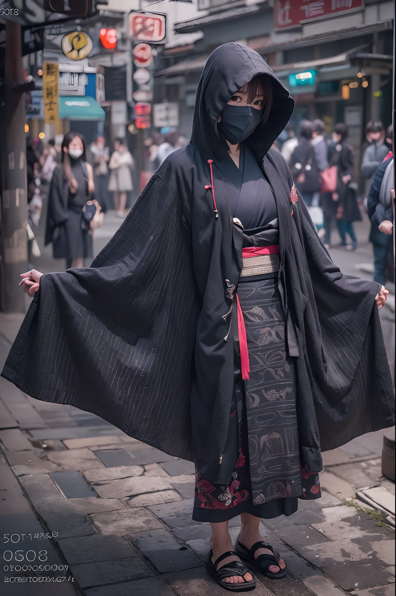 (photograph realistic:1.4), (Ultra photo realsisim:1.4), (Realistic:1.3),(increase cinematic lighting quality:0.9),Delicate female ninja,fringe hair,big assa,Delicate pattern ninja mask,Delicate pattern ninja cape,Delicate pattern ninja hood,Fake nails,slingshot swimsuit,(Twilight:1.2),The city of Japanese period dramas,crowd of
