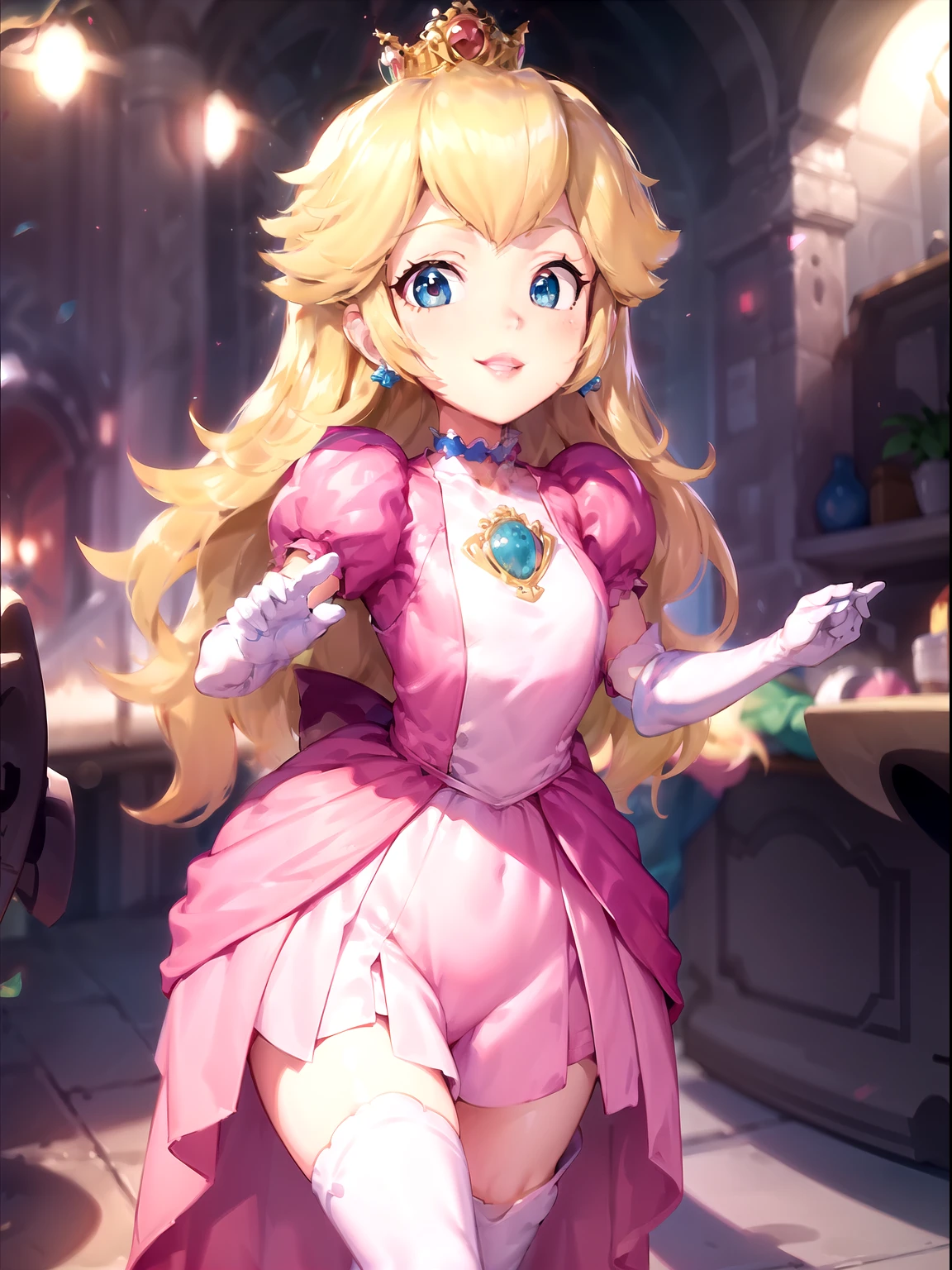 1girl,solo,cowboy shot,smile,adult,choker,PrincessPeach, (pink dress), blue eyes, choker, glossy lips, pink lips,
