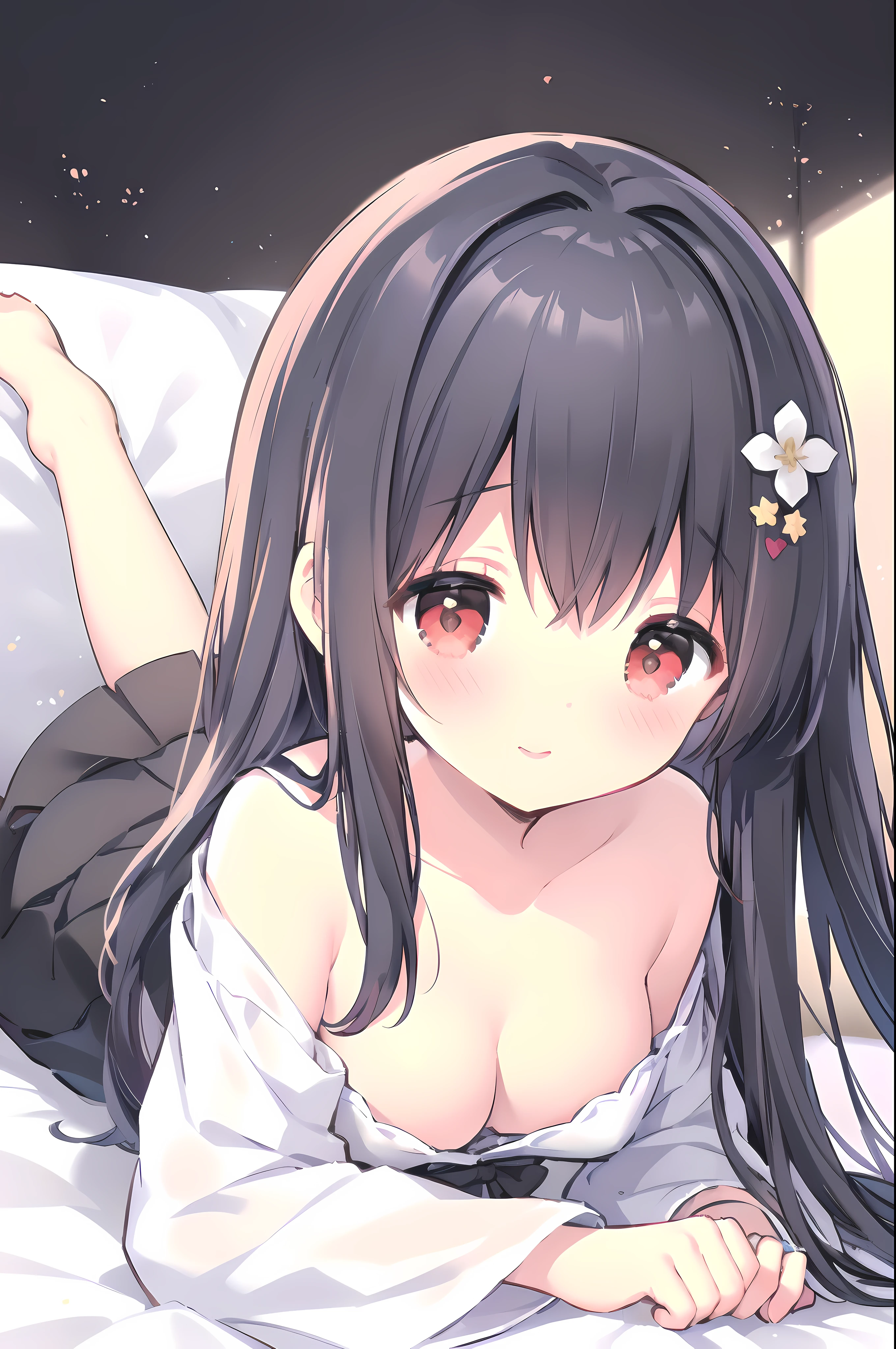 (small short figure girl, cute and petite girl little sister aura:1.5), detached sleeve, Married, Japanese bride, Wedding, wedding hakama skirt, yamato nadeshiko, 1girl, solo, outdoor, cute japanese model girl, very long hair, floral print, wedding hair ornament, wedding kimono, hakama, bangs, (masterpiece, best quality, HD Pictures, 4K:1.4), gentle look, gentle smile, gentle eyes, mature looking, pinkish cheeks, very detailed eyes, very detailed pupils, very detailed hair, furisode, flower head accesories, from front pov, detailed face, full body, look up to viewer, close up to forehead, leaning forward to viewer, detailed long black hair, (lying on bed, deep cleavage, blushing red cheeks:1.4)