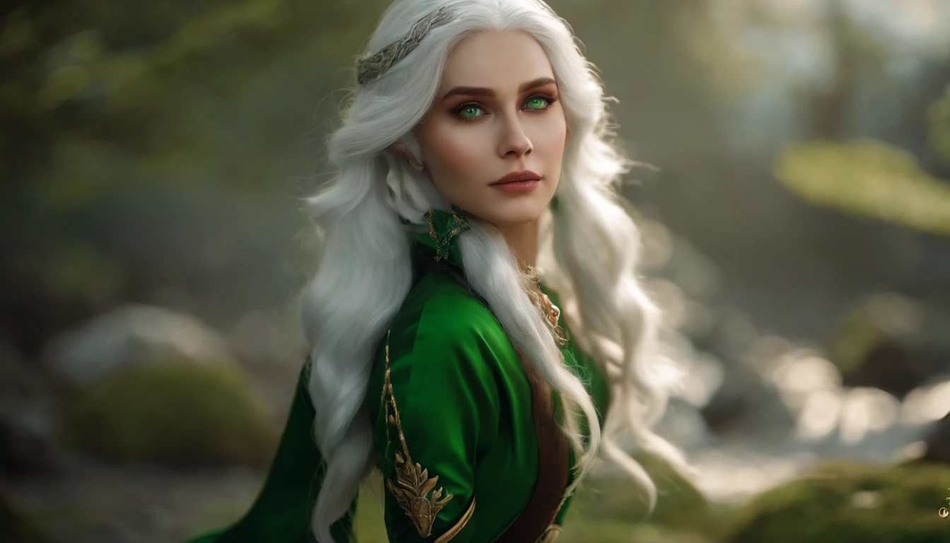 White hair,Green clothes,adolable,Energetic,Frontal sideways,bit girl,Game style,the elf,chiquita
