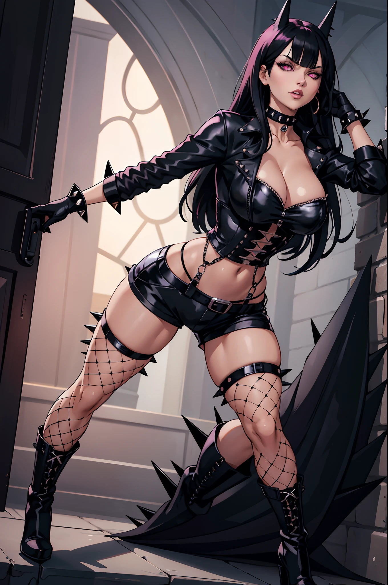 Goth Woman, long black hair with bangs, choker with spikes, black clothes, black mini shorts, black blouse, big boots black gloves, big breasts, thin waist, wide hips, attractive face, fighting pose, black gloves, black platform boots, black corset, fishnet stockings, spiked bracelet, pink eyes, full body