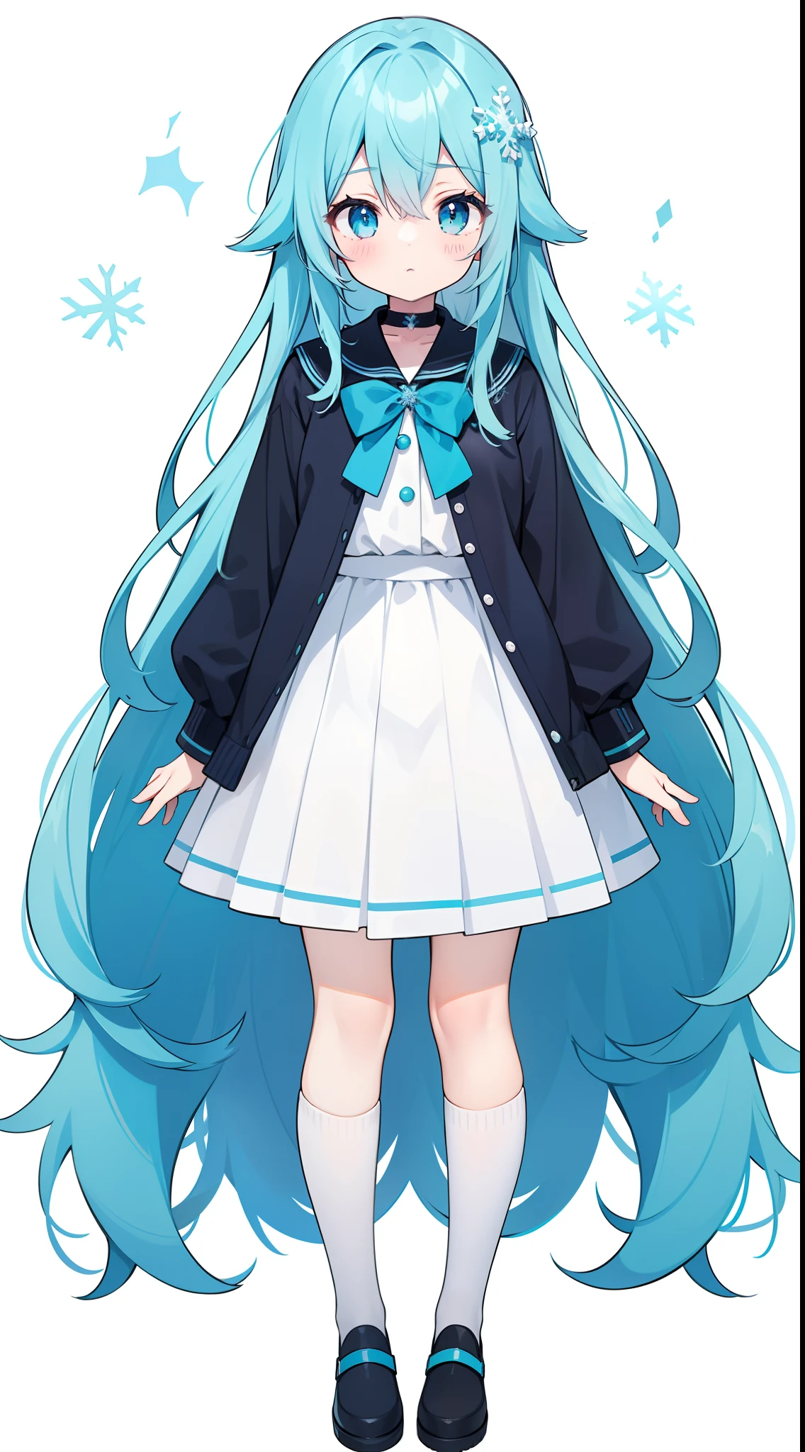 (straight-on),full body,white background,standing,a girl,whaite hair,aqua_hair,aqua_eyes,blue_eyes, hair between eyes, hair over shoulder, snowflake hair ornament, Minimalism, best quality, highres,(long_hair),white_skirt