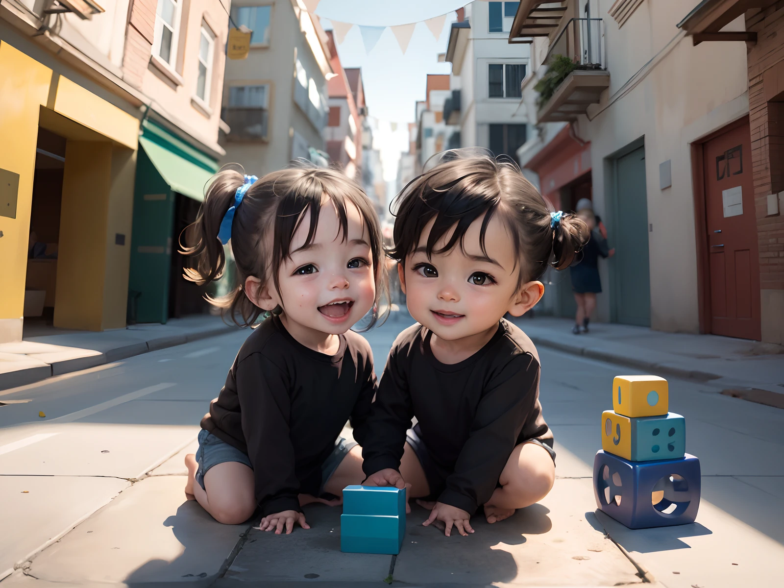 Image of a couple of babies smiling and playing with colorful building blocks. com quadro negro ao fundo com imagens de desenvolvimento feito a giz branco