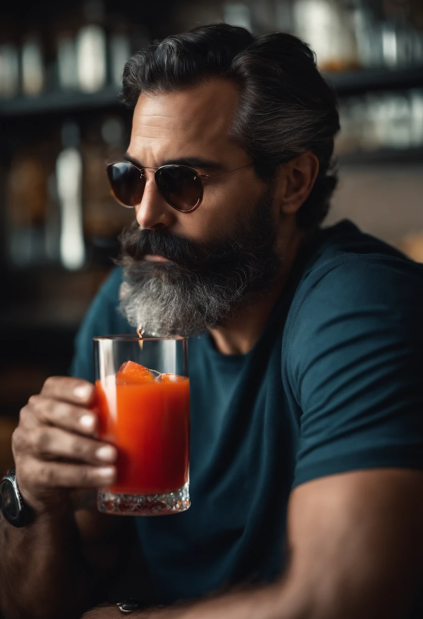 homem careca de barba curta tomando um suco de morango