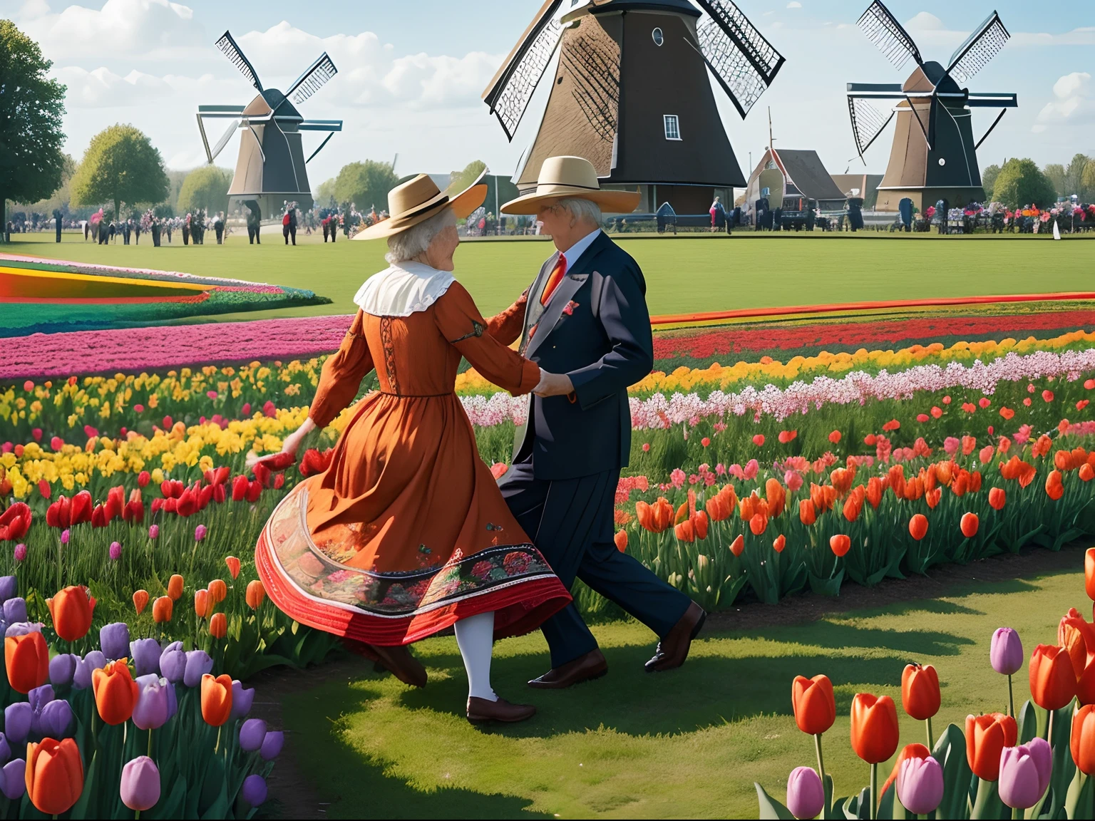 full-body, elderly man and woman, dancing on the grass, lots of tulips, traditional dutch clothes,people wearing traditional dutch volendam clothes,detailed embroidery,typical dutch colors,windmill backdrop,vivid colors,beautiful detailed dress,floral patterns,wooden shoes,masterpiece:1.2,realistic