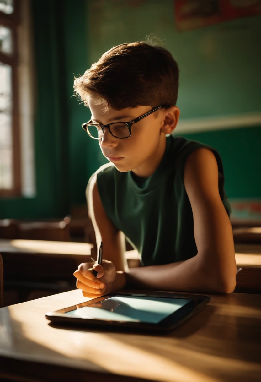 Hhay a -yeld bon sun classroom,el tiene una tablet en sus manos, esta de pie drente al tablero, el esta mirando a los demas, tiene un uniforme escolar