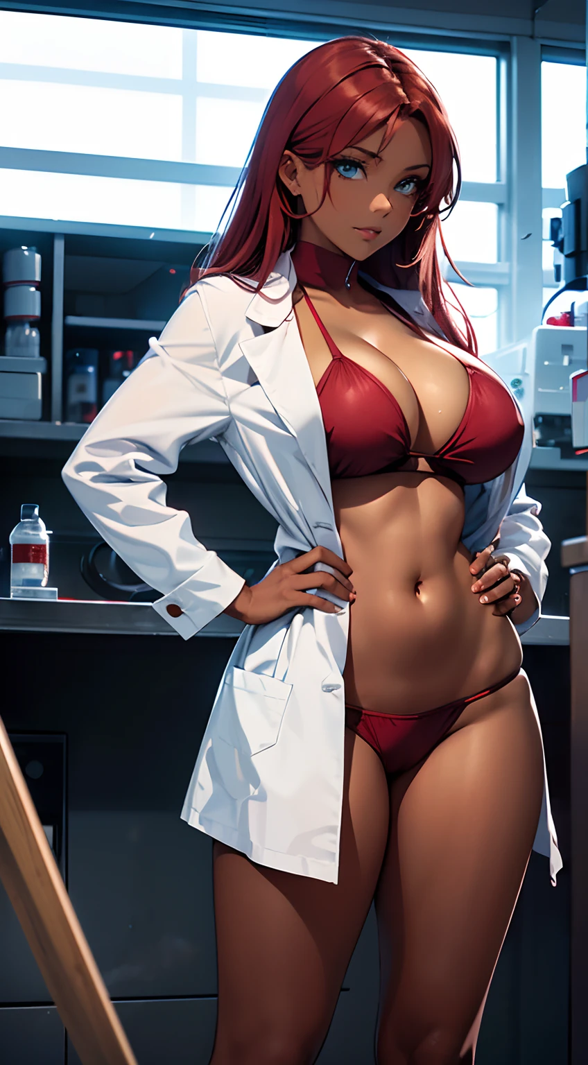 (best quality,4k,8k,highres,masterpiece:1.2),ultra-detailed,1 girl in, (masterpiece), best quality, expressive eyes, perfect face, breasts, long crimson colored hair, blue eyes, 1girl, tan skin, large_breasts, cleavage, full_thighs, bare_legs, high_heel_shoes, anime_shine, entire body view, head to toe, confident smile, tan skin, tan_skin, hinata hyuga, long crimson-colored hair, dark skin, bare legs, milf, curvy
The woman is standing in a laboratory, wearing a red bikini and a white lab coat. She is holding a fire extinguisher at her hip, with one hand resting on the nozzle.
Her posture is confident and powerful, with one hip popped to the side and her head held high. She has a determined look on her face, as if she is ready to take on any challenge.
The background is a laboratory setting, with scientific equipment and tools visible in the background. The lighting is bright and focused on the woman, emphasizing her strength and confidence.