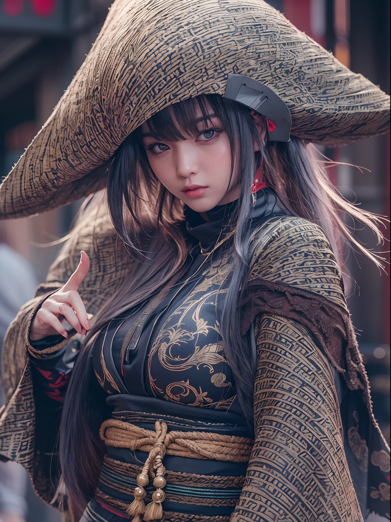 (photo realistic:1.4), (hyper realistic:1.4), (realistic:1.3),(increase cinematic lighting quality:0.9),Elaborate female ninja,fringe hair,huge butt,Elaborate patterns ninja mask,Elaborate patterns Ninja cape,Elaborate patterns Ninja hood,fake fingernail,(twilight:1.2),japanes City of the period drama,Crowds
