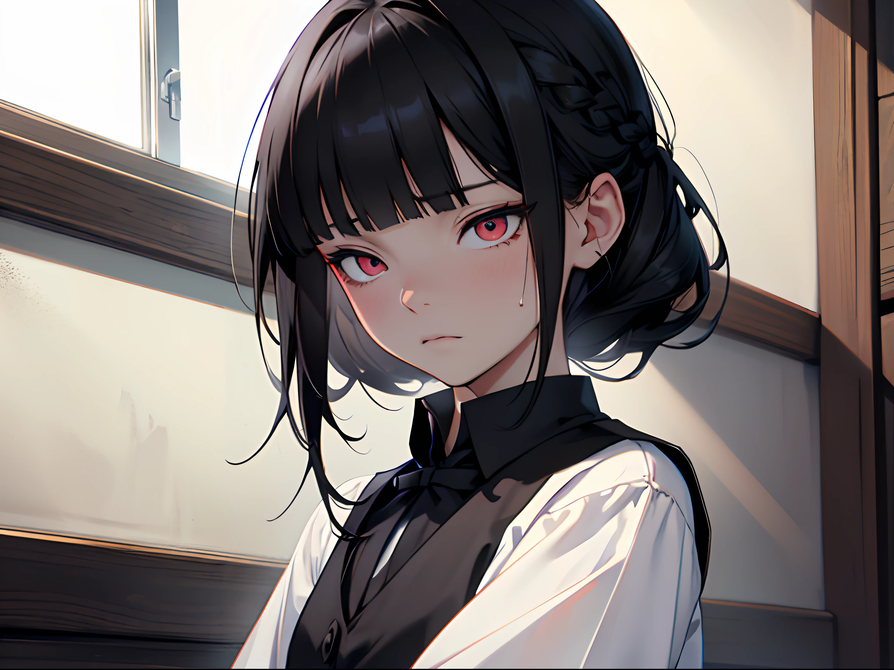 (professhional lighting), ((Beautiful eyes)),wide shot layout,wednesday addams BREAK ars old,black hair,blunt bangs,pale skin,red eyes,jitome,hollow eyes, half-closed eyes,detailed eyes,beautiful eyes,hair ornaments at hexagram,1girl,solo,braid,ashamed,troubled expression,best quality,ultra-detailed,(masterpiece),sweat,wear Black tie,wear white shirt,wear black vest,looking away,fullbody,Watching films in my room,