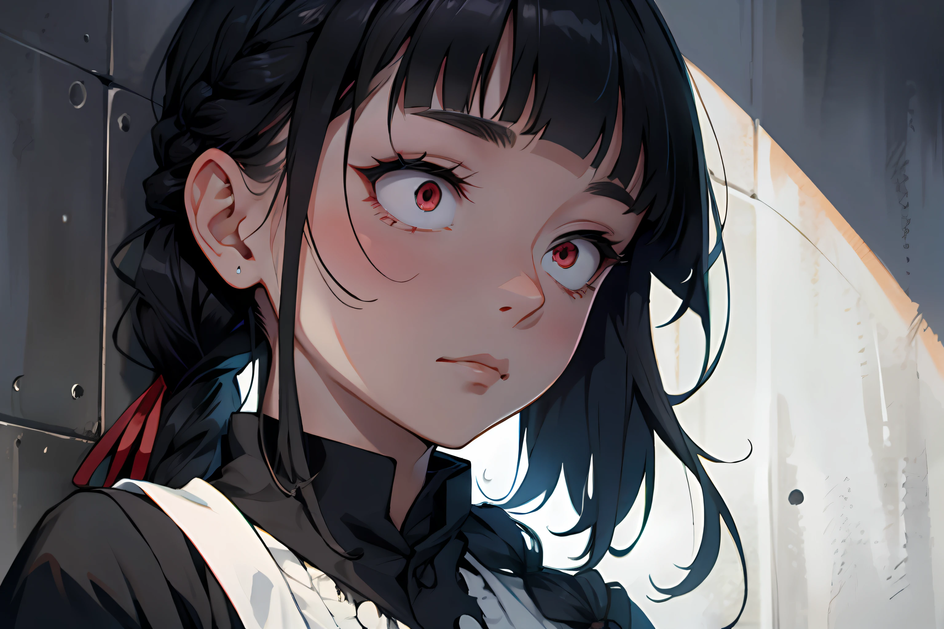 (smooth lighting), ((Beautiful eyes)),30mm lens,wide shot layout,wednesday addams BREAK ars old,black hair,blunt bangs,pale skin,red eyes,jitome,hollow eyes, half-closed eyes,detailed eyes,beautiful eyes,hair ornaments at hexagram,1girl,solo,braid,ashamed,troubled expression,best quality,ultra-detailed,(masterpiece),looking away,shock