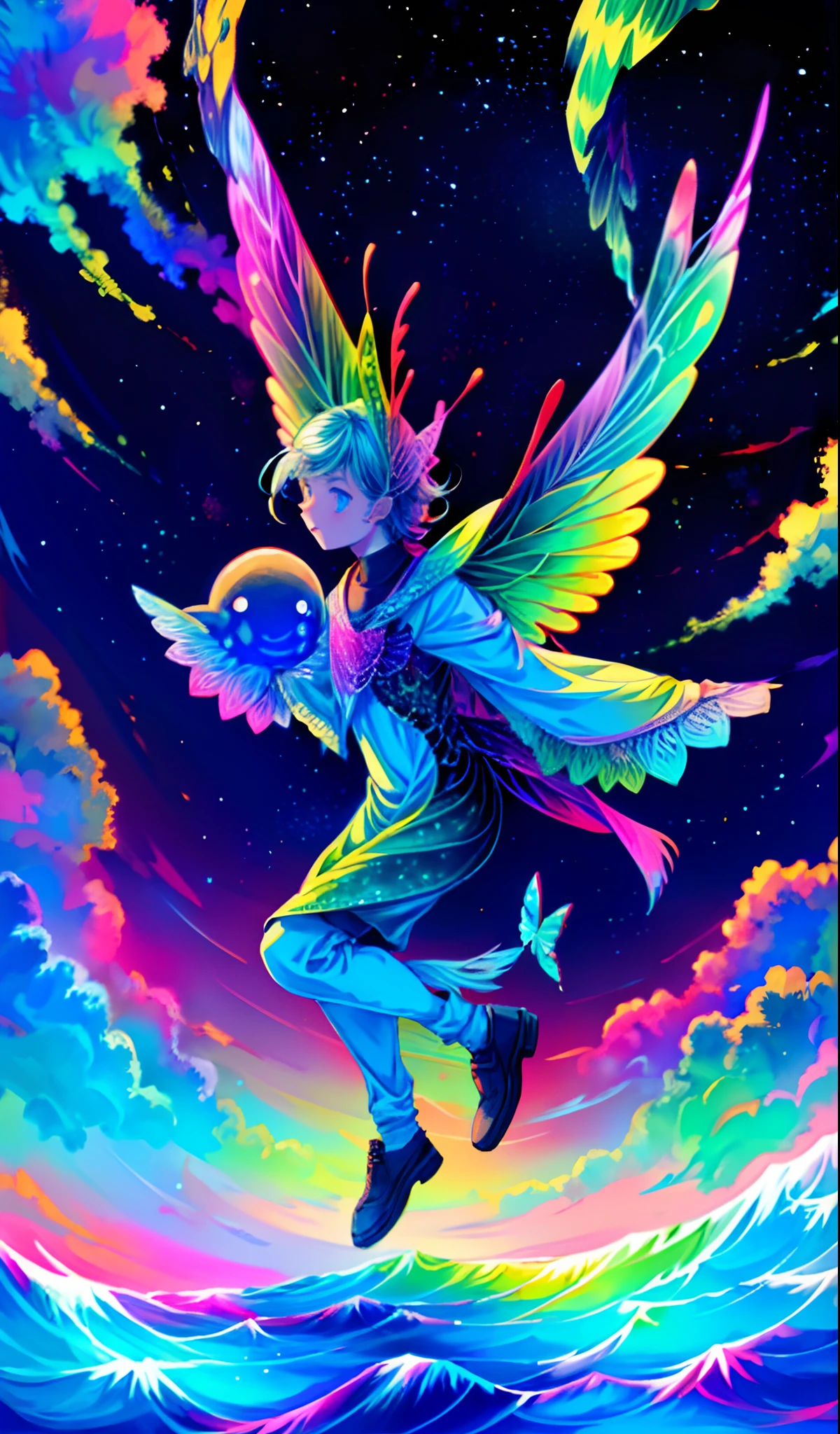 Cute iridescent round monster in space、Iridescent grass々Drawing a butterfly flying over the water, Looking up at the starry sky. Surround her with colorful nebulae and colorful forests.