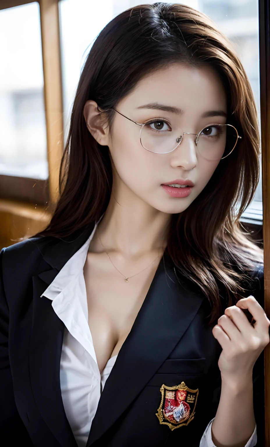 ulzzang -6500-v1.1, (Raw photo:1.2), (Photorealistic:1.4), Beautiful detailed girl, Very detailed eyes and face, Beautiful detailed eyes, Ridiculous, Incredibly ridiculous, Huge file size, High resolution, Very detailed, Best Quality, masutepiece, Kemomimi, (((JK school uniform)), Illustration, Very detailed, nffsw, unified, 8K Wallpaper, amazing, Fine details, masutepiece, Best Quality, Highly detailed ticker uniform 8K wallpaper, Light on Face, Cinematic lighting, 1girl in, , ((No bra)), ()), ((Dynamic Pose)), (Camel toe), (half), 校服、Young Face、Young look、Lori、a beauty girl、Lolita、hi-school girl、Beautiful eyes the moment you wear glasses、While taking off your glasses、The moment to take off the glasses、The whole picture、Shift your glasses