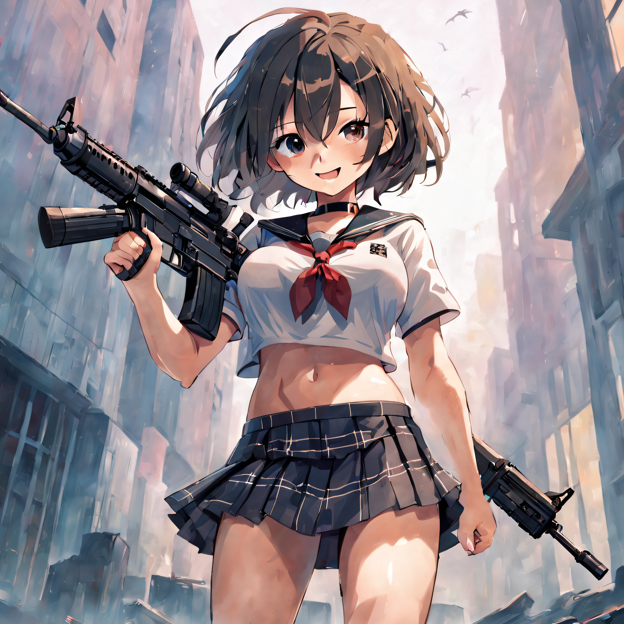 masutepiece, High resolution, Cinematic lighting, Front Camera Angle, Ruined metropolis, Schoolgirl Standing With Assault Rifle (M16), Beautiful Girl, Grinning, Good figure, Short hair, Big breasts, cleavage, Short sailor suit with a visible navel, Miniskirt with tartan check,