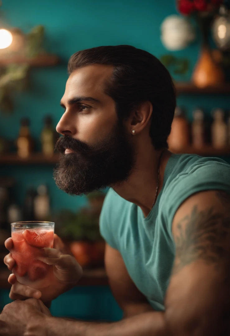 jovem careca, de barba curta tomando suco de morango