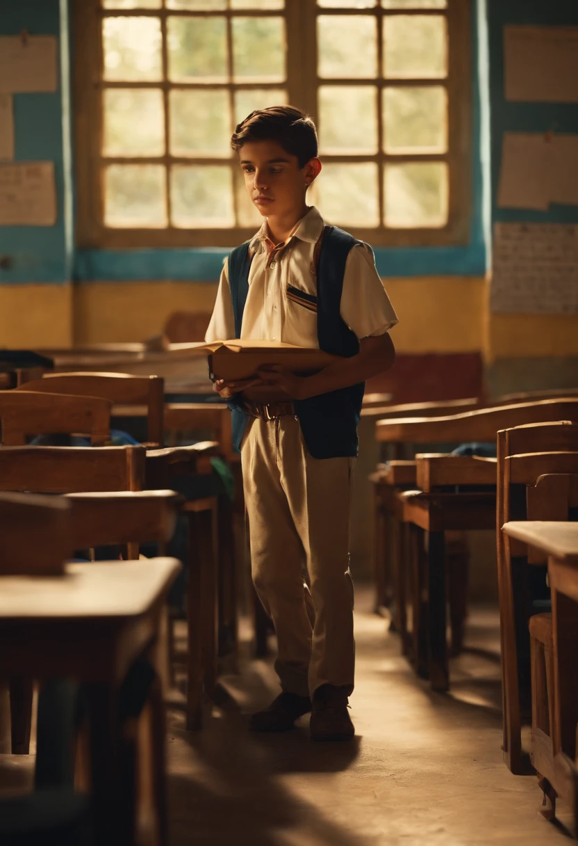 There's a 13-year-old boy standing in the middle of a classroom, tiene un cuaderno, y tiene uniforme escolar, He's a Mexican boy