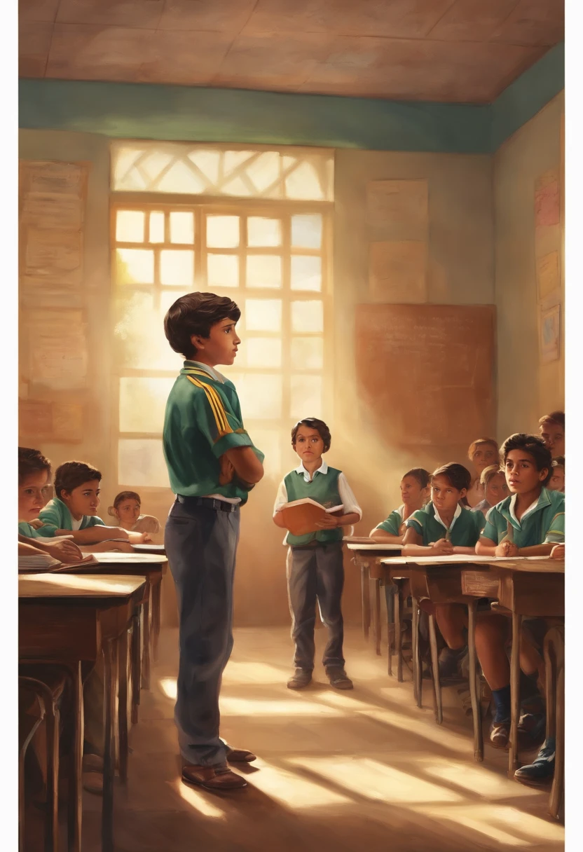 There's a -yeld botanding in the middle of a classroom, tiene un cuaderno, y tiene uniforme escolar, He's a Mexican boy