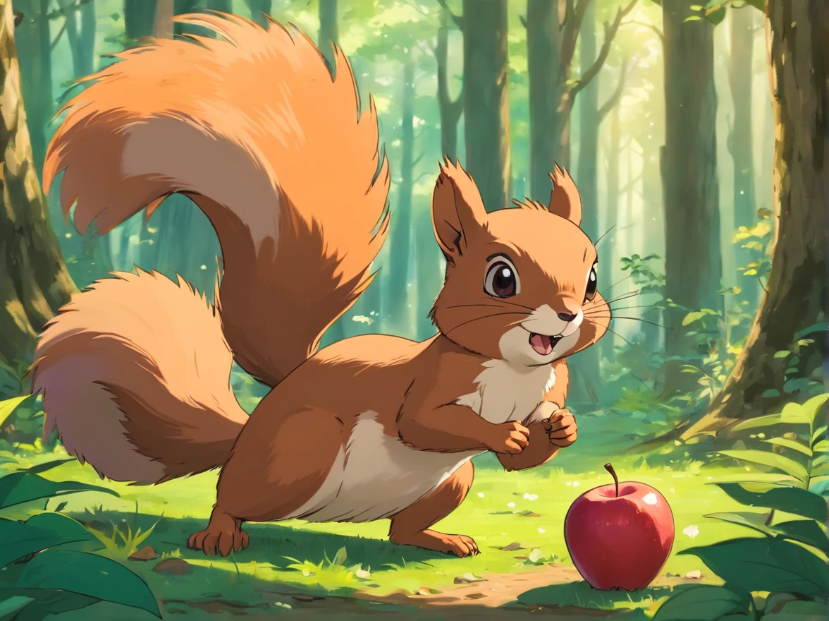 There's a cartoon picture of a squirrel eating an apple, fundo da floresta, 🍂 fofo, fundo do outono, bosque de volta, card frame, sem texto, woodenhor, Background Story(solid), tema floresta, Piquenique na floresta, em fundo claro, Three Forest Creatures, forest setting, moldura de madeira, Tabuleta, Usando os de madeira, SINAL, fundo da floresta, fundo florestal