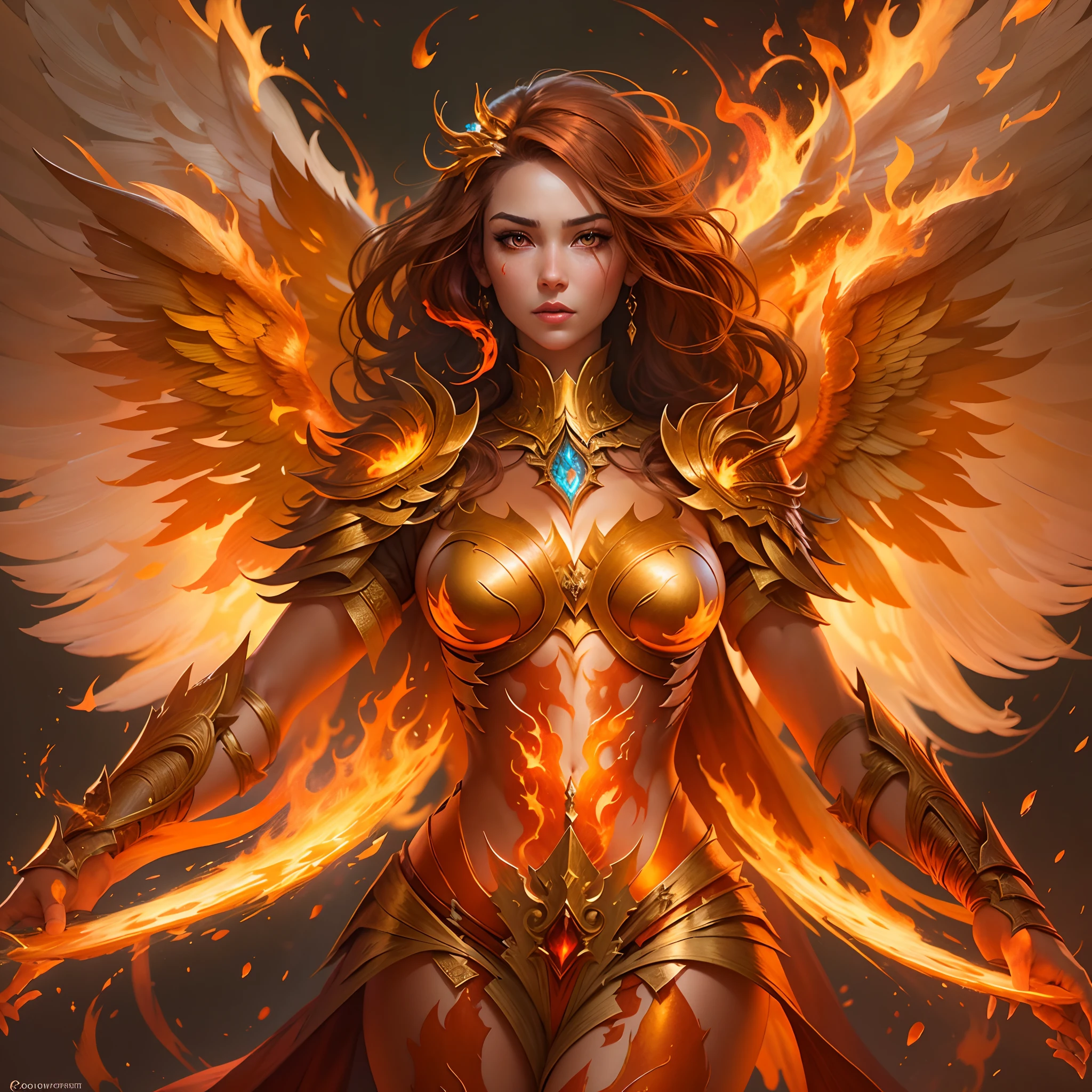 a close up of a woman with a fire and flames on her body, with fiery golden wings of flame, with fiery golden wings, epic fantasy art style, concept art | artgerm, phoenix warrior, extremely detailed artgerm, epic fantasy digital art style, female lord of change, full portrait of elementalist, epic exquisite character art