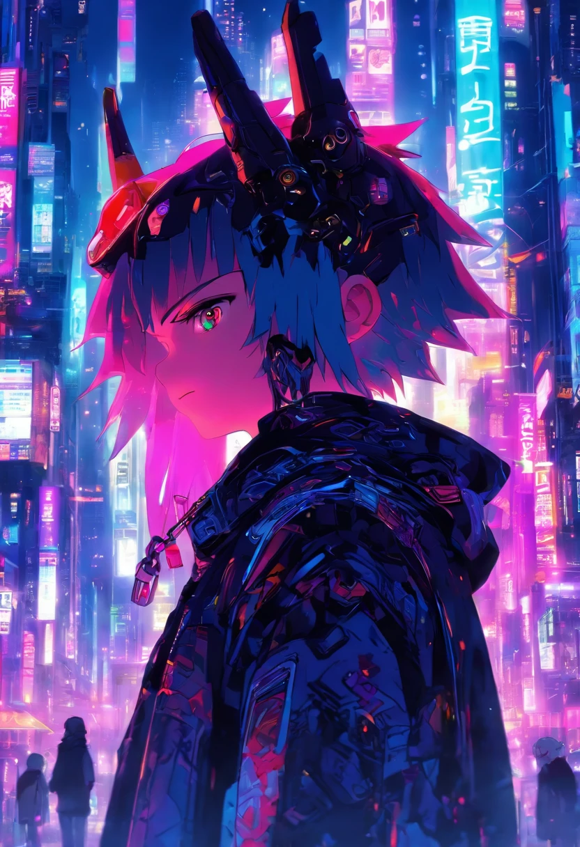 at a cyberpunk city, A  stands at an angle appearance，There are horned wings on the back，Glowing ring on the head , His skirt reflects the light around him, side portrait,Semi-sideways, Look straight in the crowd, Cyberpunk city lighting in the background, 3D anime, Niki anime, Detailed face, Cute.