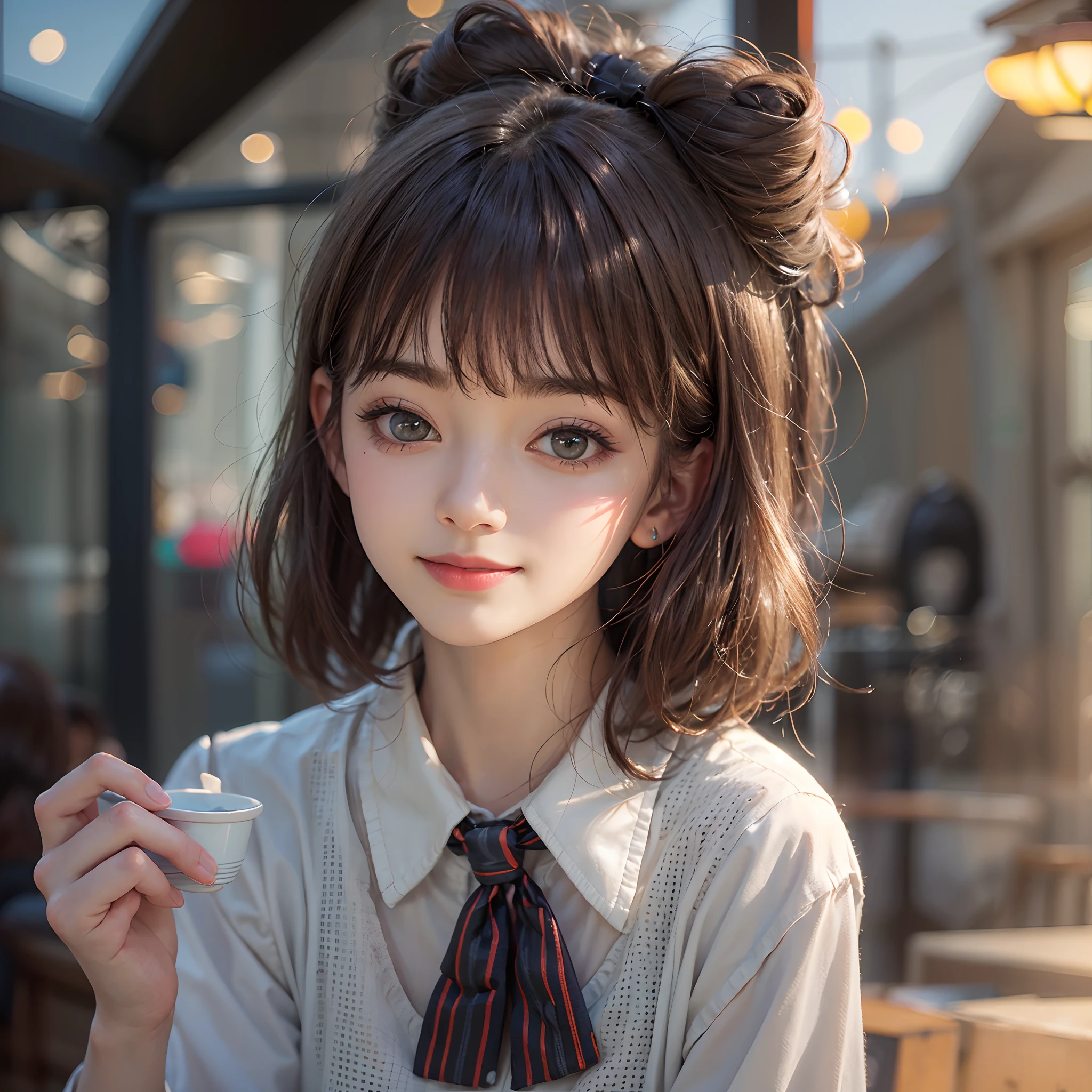 (8K, RAW photo, Best quality, Masterpiece: 1.2), (Realistic, photo-realistic: 1.37), Ultra-detailed, 1 girl, Cute, Solo, Beautiful detailed sky, detailed coffee, Night, Sitting, (flushed nose), (Smile: 1.1), (Mouth closed), Medium breasts, Beautiful detailed eyes, (Collared shirt: 1.1), Bow tie, Pleated skirt, (Short hair: 1.2), Long hair, taking big ice cream,
